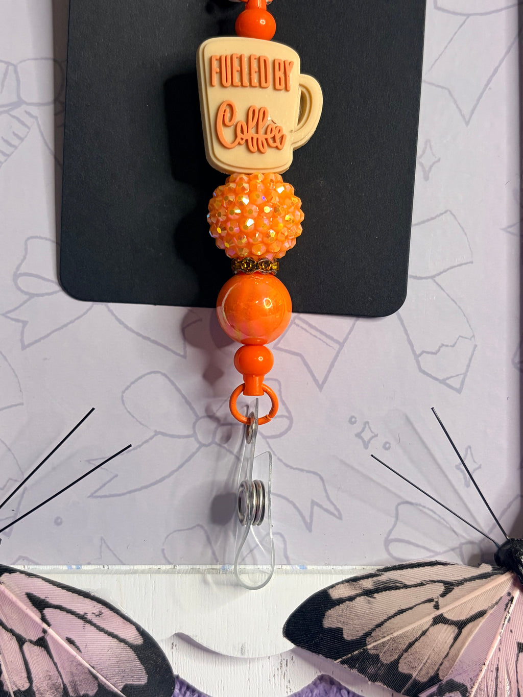 Fueled by Coffee Rhinestone Bumblebee Badge Reel with Orange Beaded Charm
