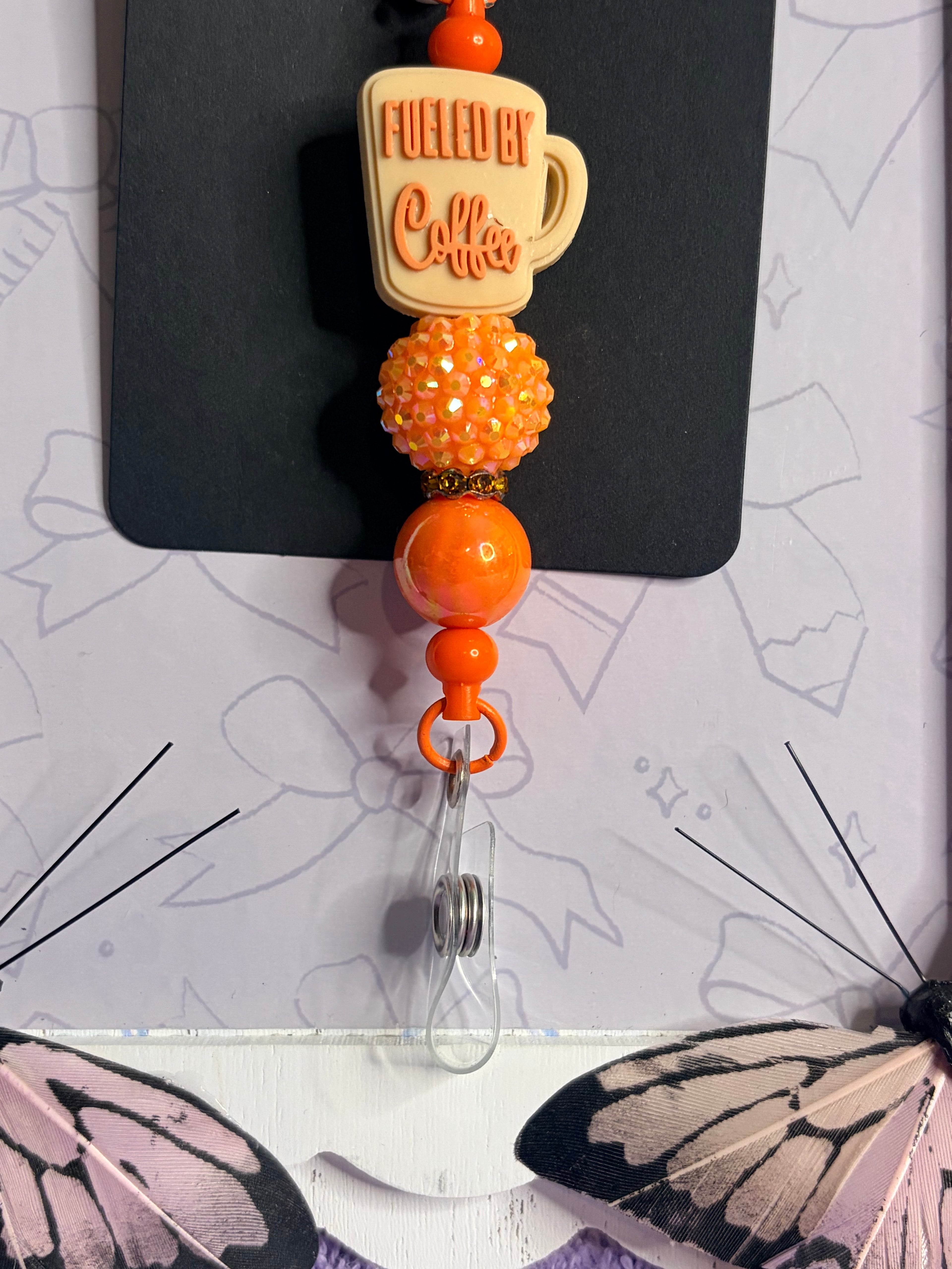 Fueled by Coffee Rhinestone Bumblebee Badge Reel with Orange Beaded Charm