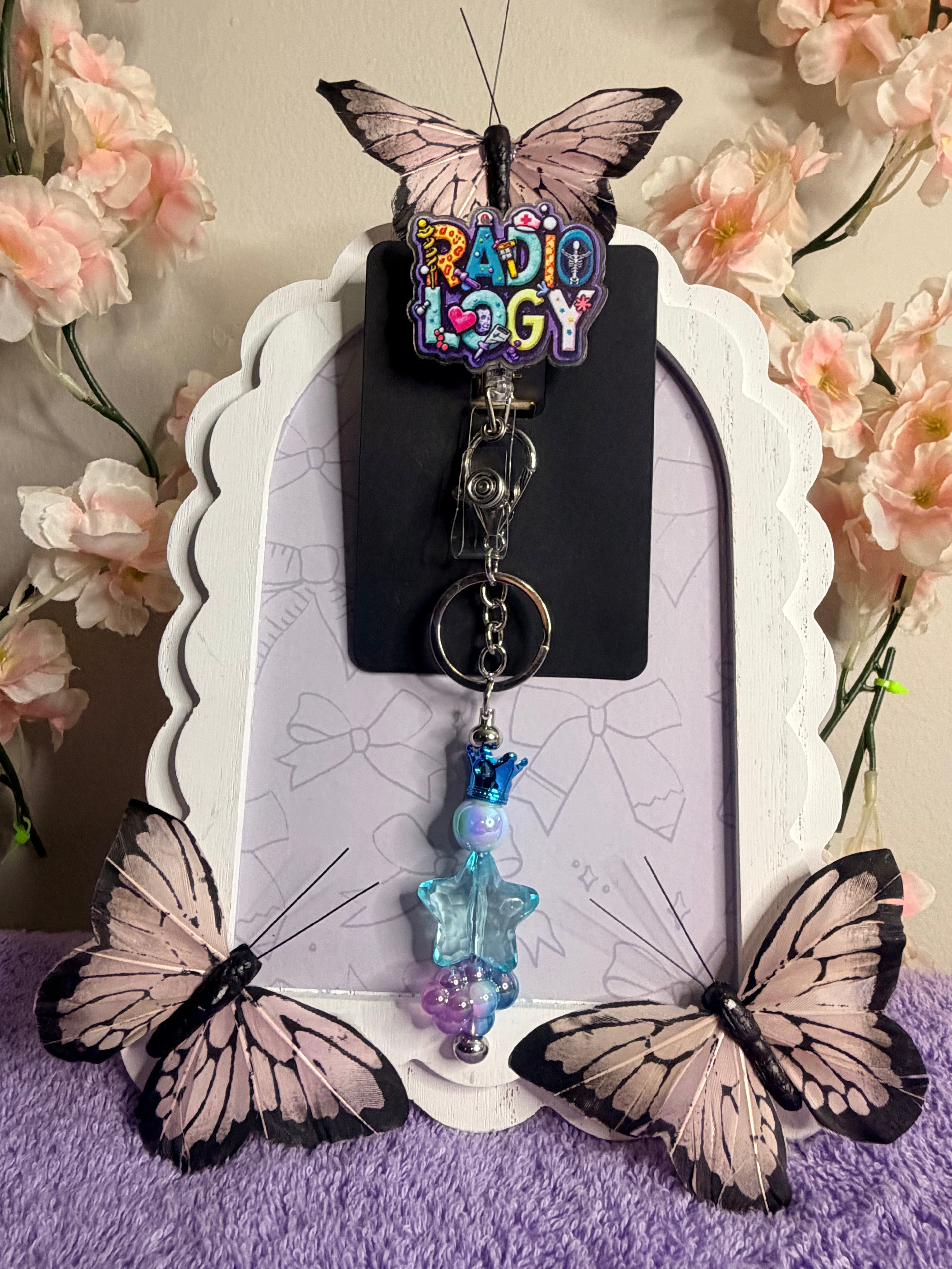 Radiology Badge Reel with Crown Star Crystal Keychain Charm