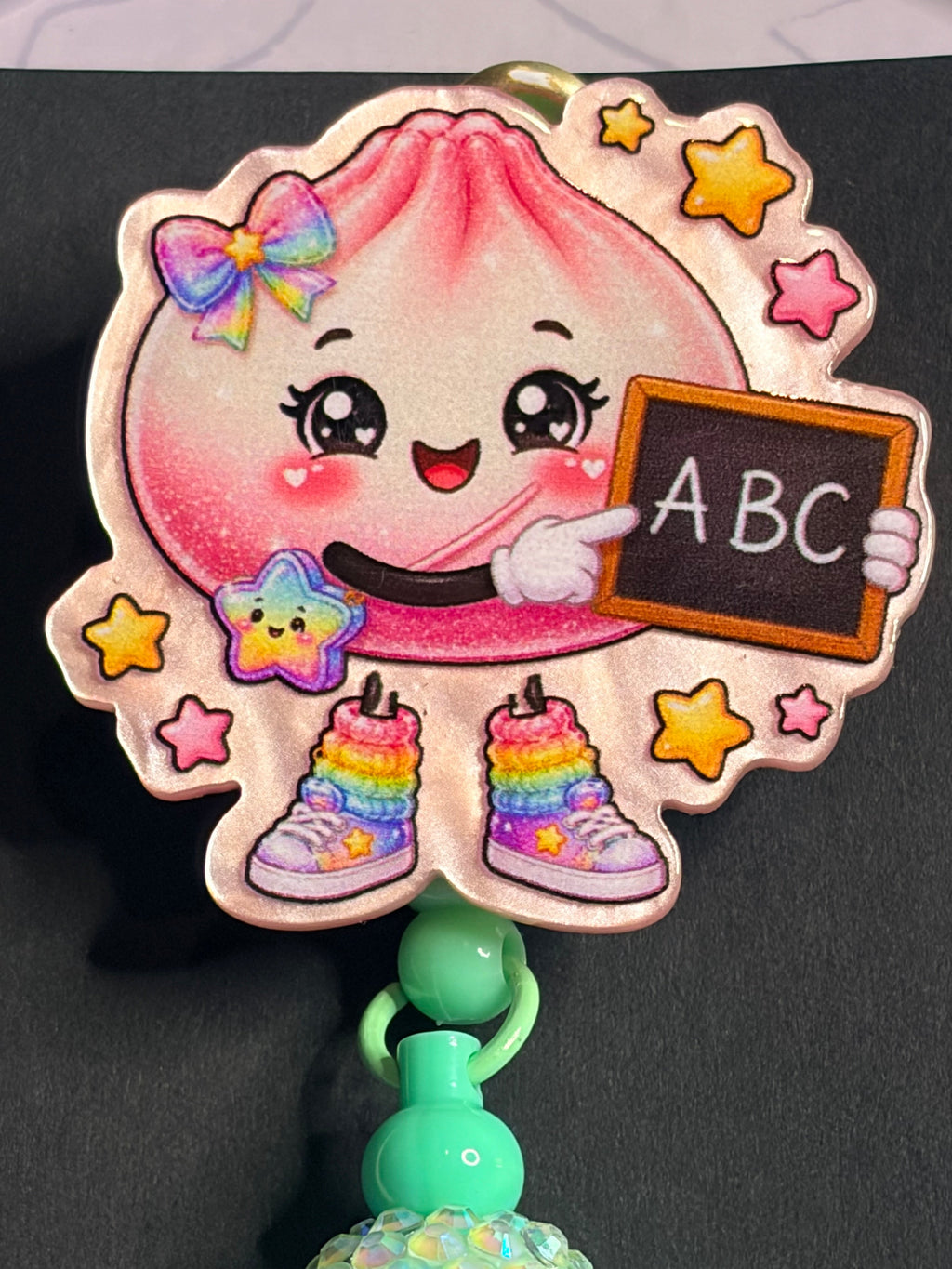 Kawaii Pink Dumpling ABC Teacher Badge Reel with Green Beaded Charm Strand
