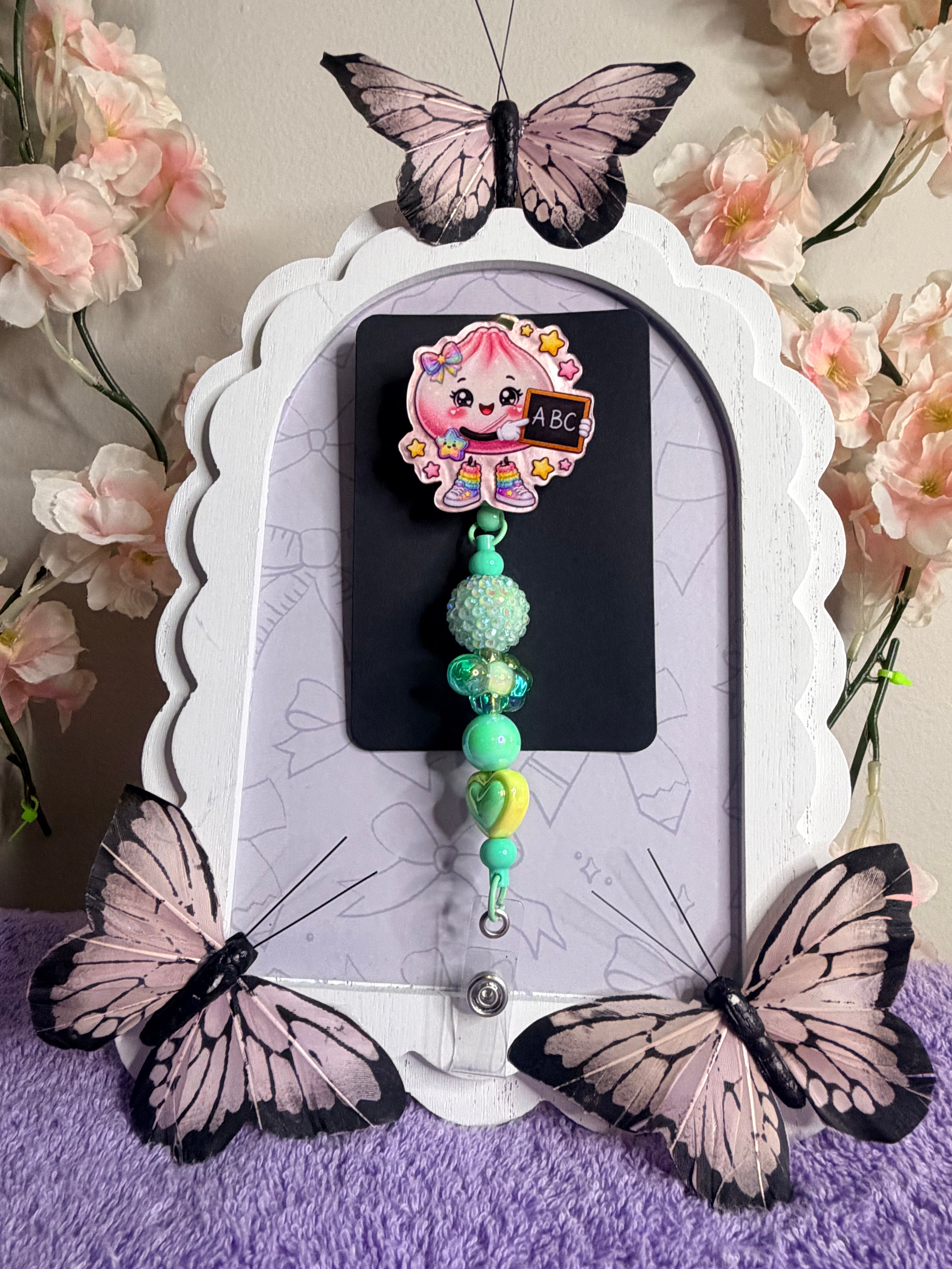 Kawaii Pink Dumpling ABC Teacher Badge Reel with Green Beaded Charm Strand