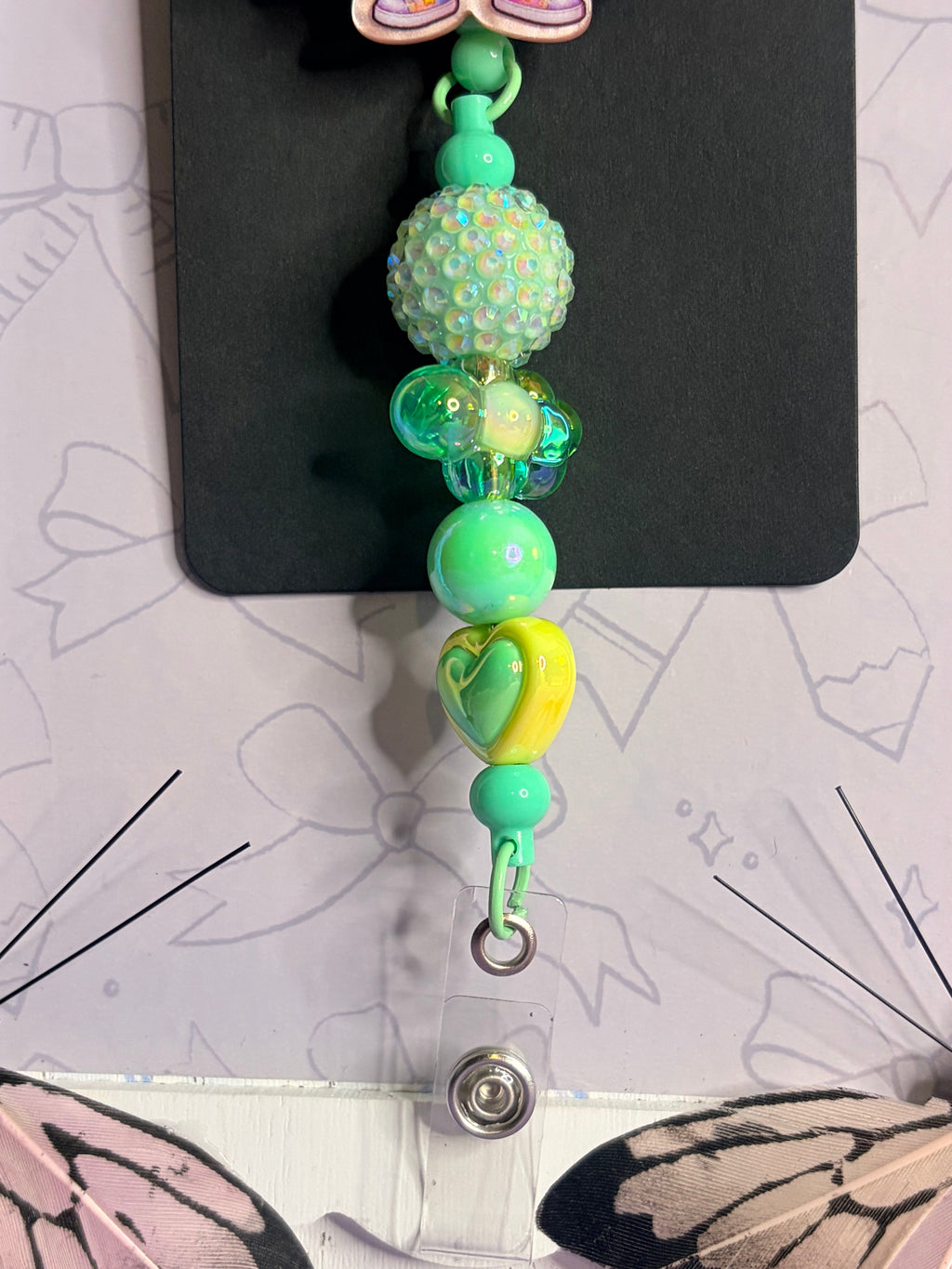 Kawaii Pink Dumpling ABC Teacher Badge Reel with Green Beaded Charm Strand