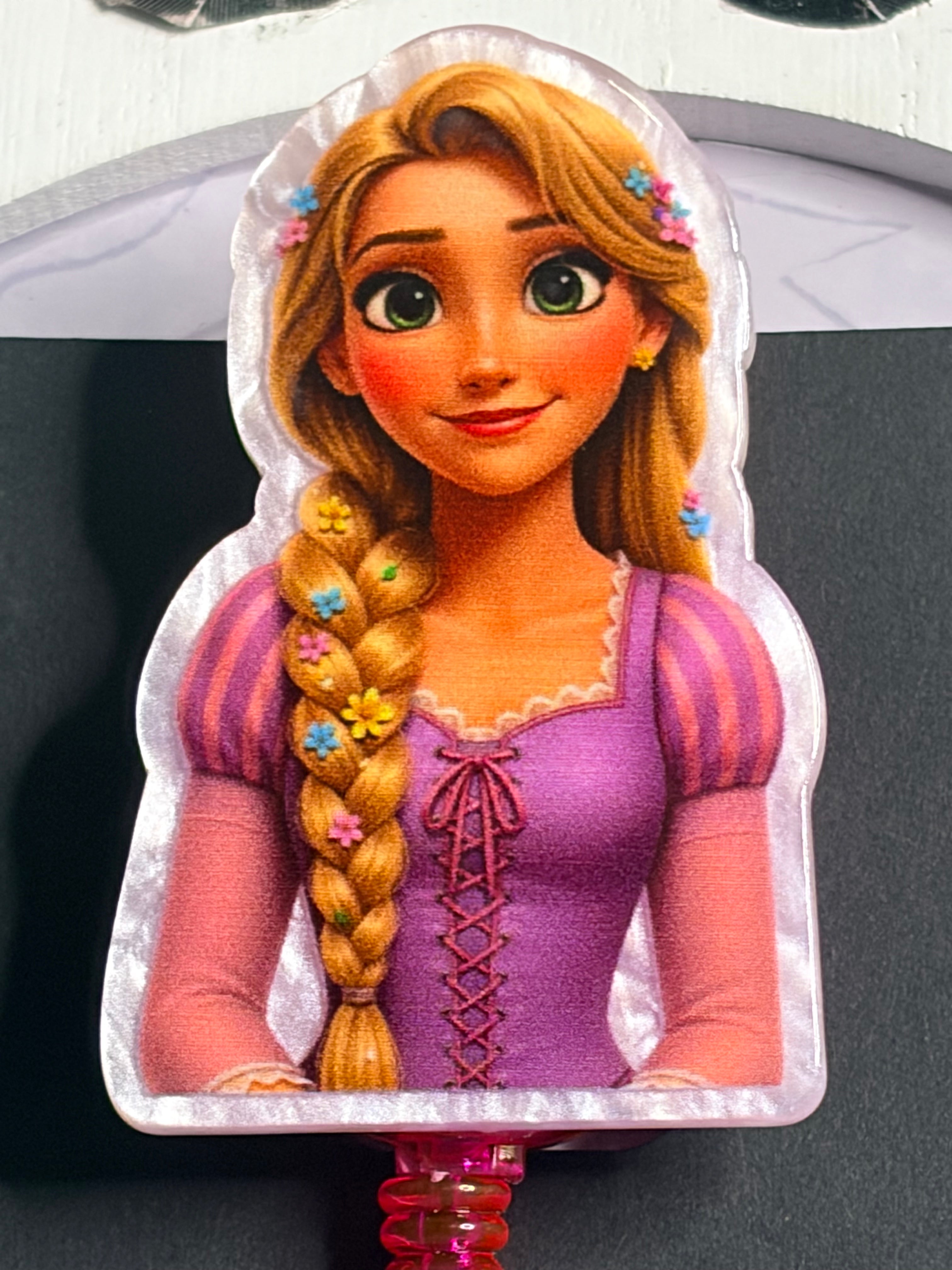 Rapunzel Princess Badge Reel with Purple & Pink Beaded Charm Strand
