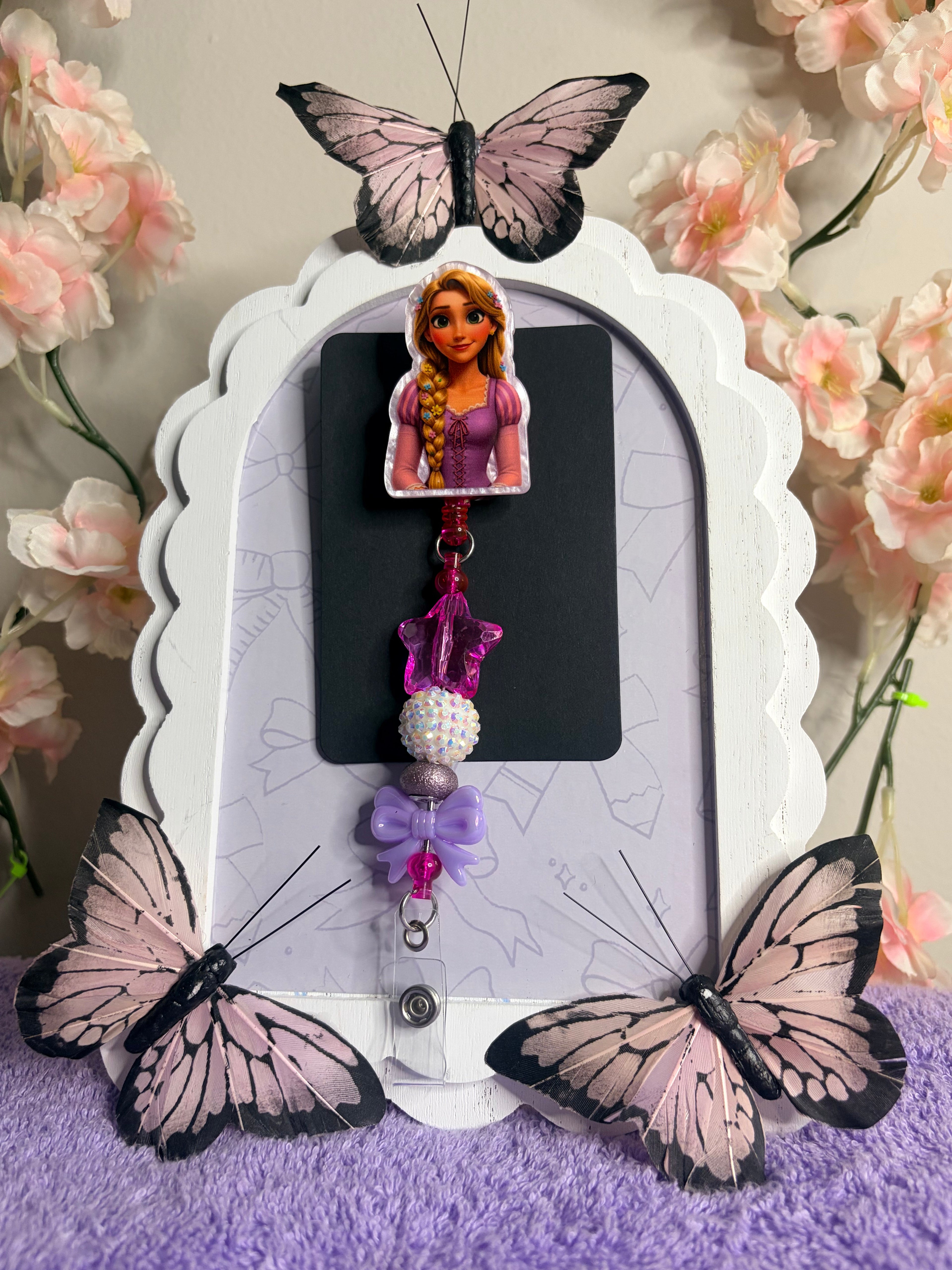 Rapunzel Princess Badge Reel with Purple & Pink Beaded Charm Strand