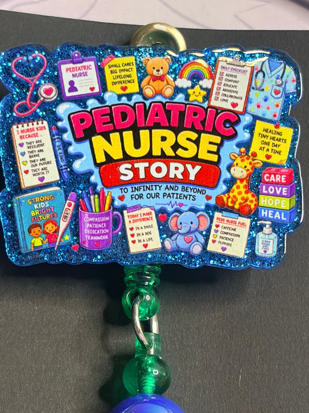 Pediatric Nurse Story Badge Reel with Crystal Butterfly & Beaded Charm Strand