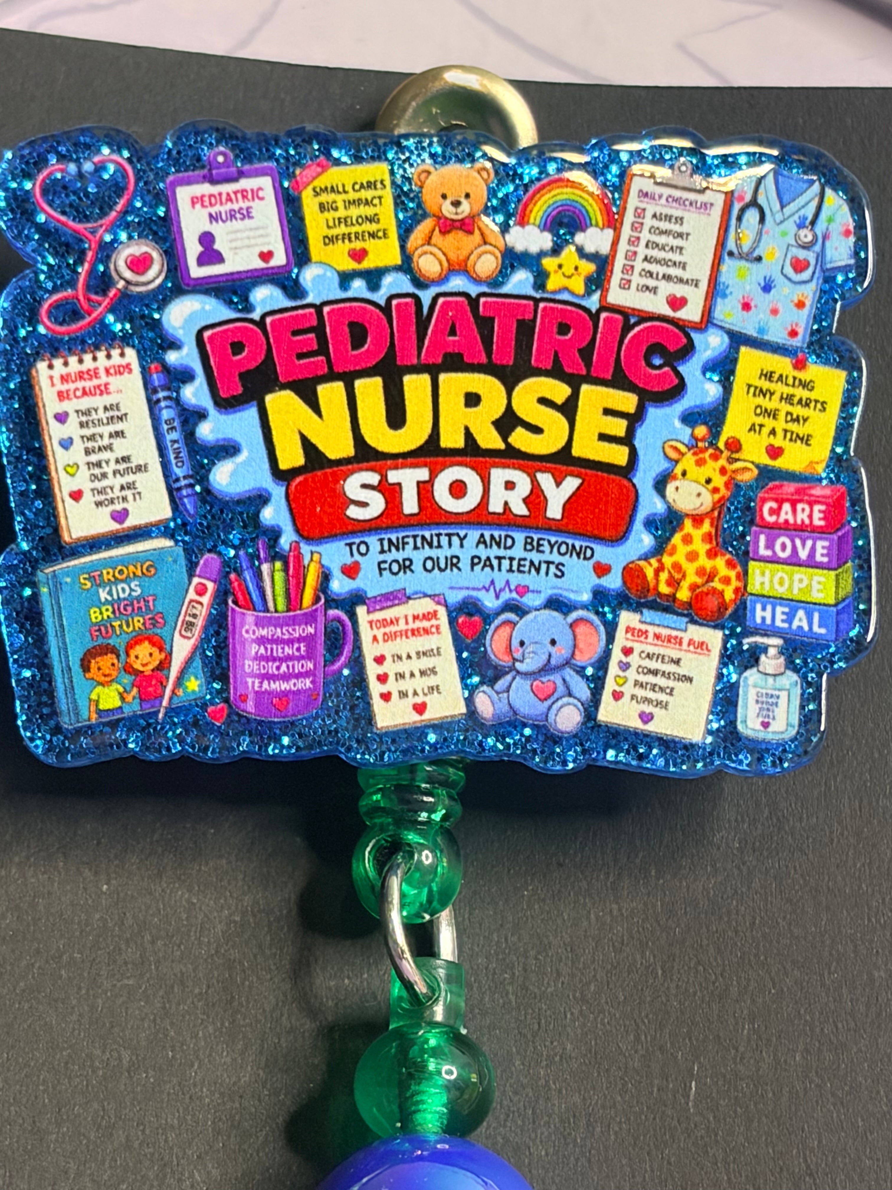 Pediatric Nurse Story Badge Reel with Crystal Butterfly & Beaded Charm Strand
