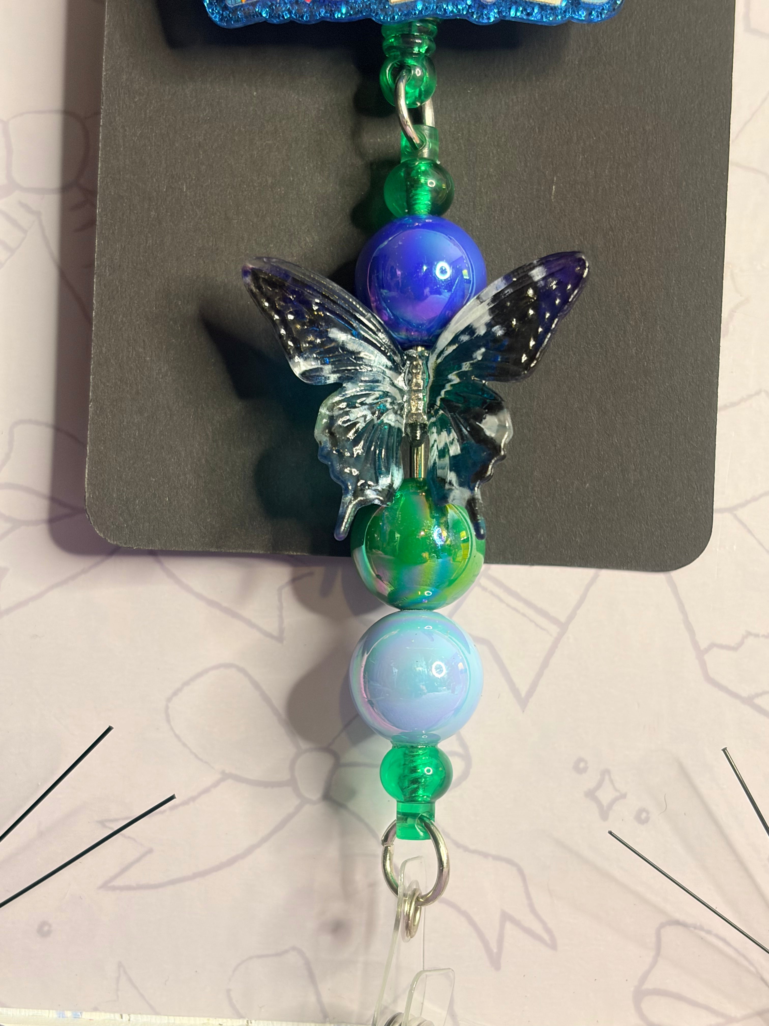 Pediatric Nurse Story Badge Reel with Crystal Butterfly & Beaded Charm Strand