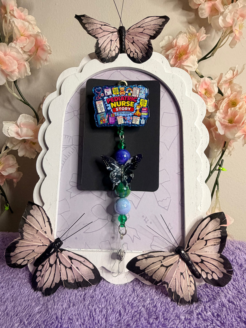 Pediatric Nurse Story Badge Reel with Crystal Butterfly & Beaded Charm Strand