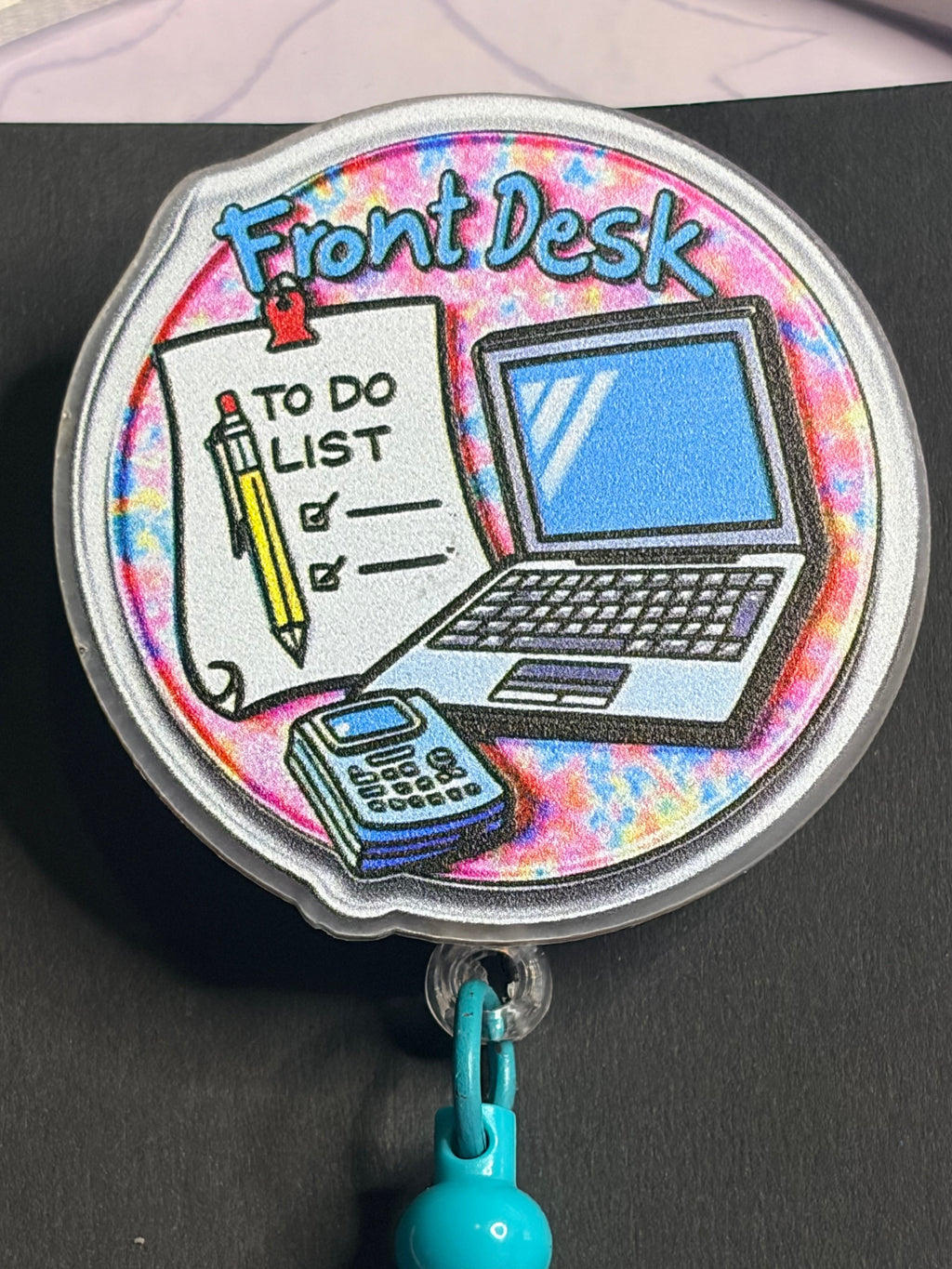 Front Desk Badge Reel with Iced Coffee Club Beaded Charm Strand