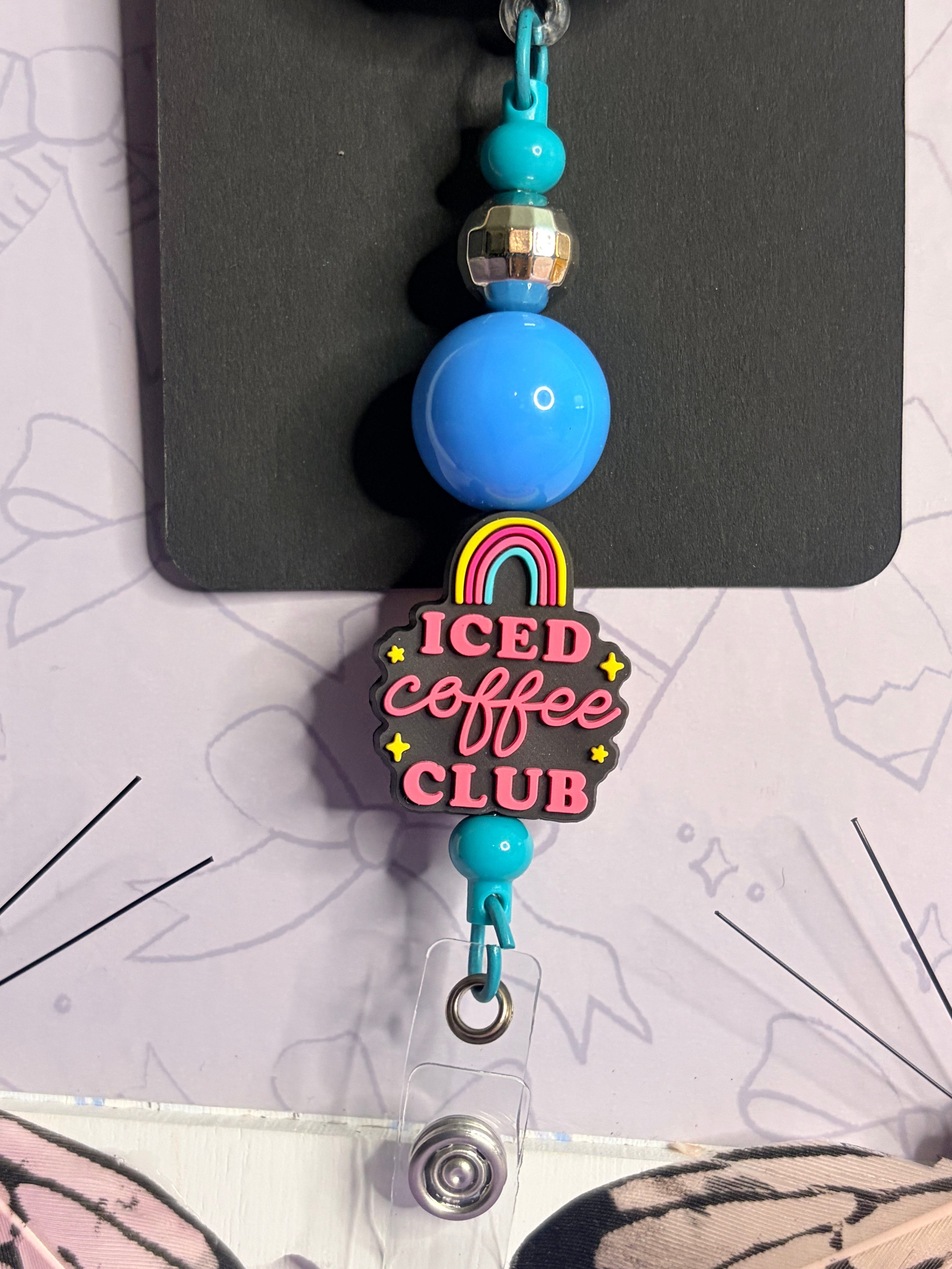 Front Desk Badge Reel with Iced Coffee Club Beaded Charm Strand