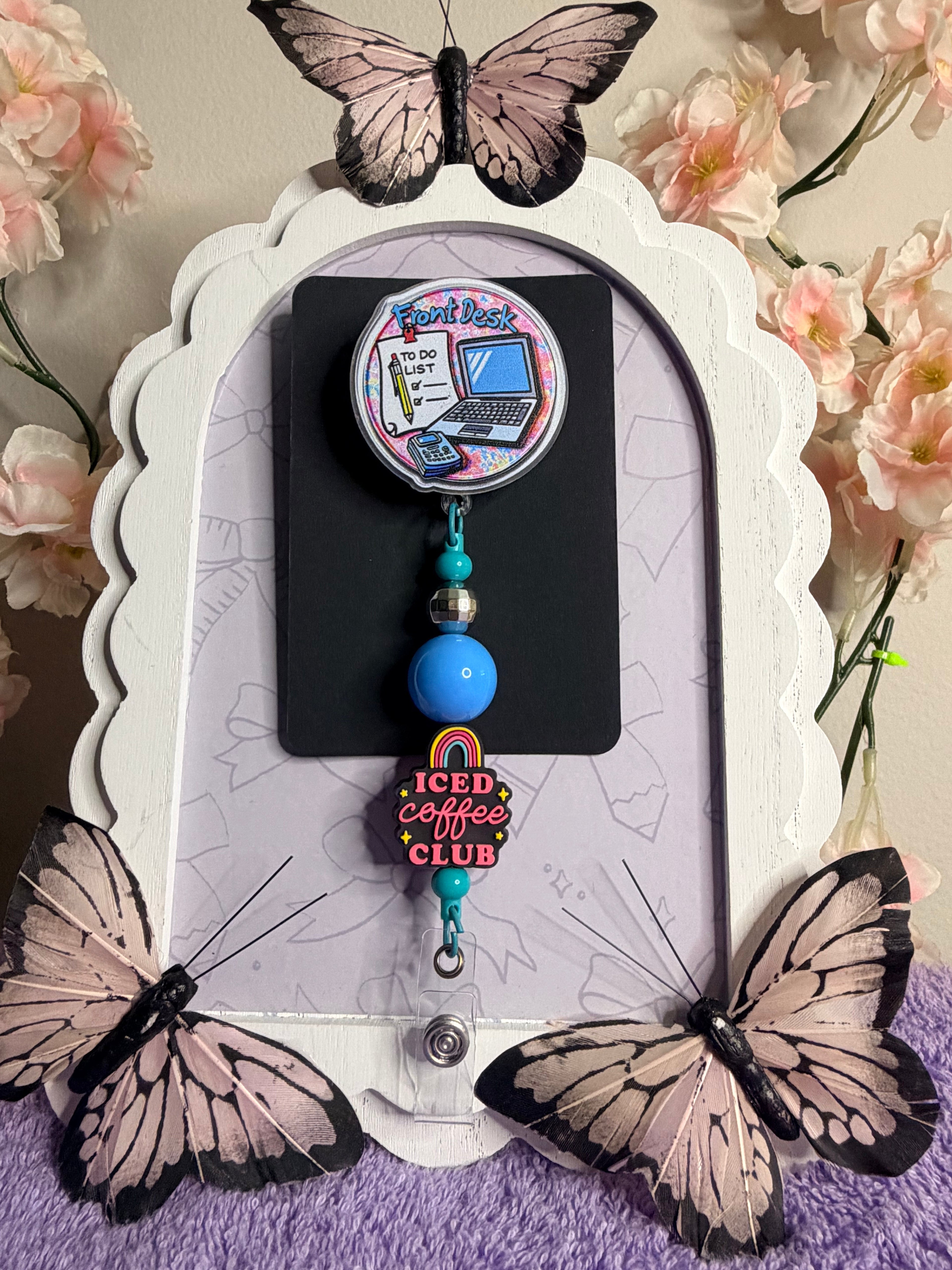 Front Desk Badge Reel with Iced Coffee Club Beaded Charm Strand