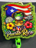 Puerto Rico Coqui Frog Badge Reel with Green Heart Beaded Charm Strand