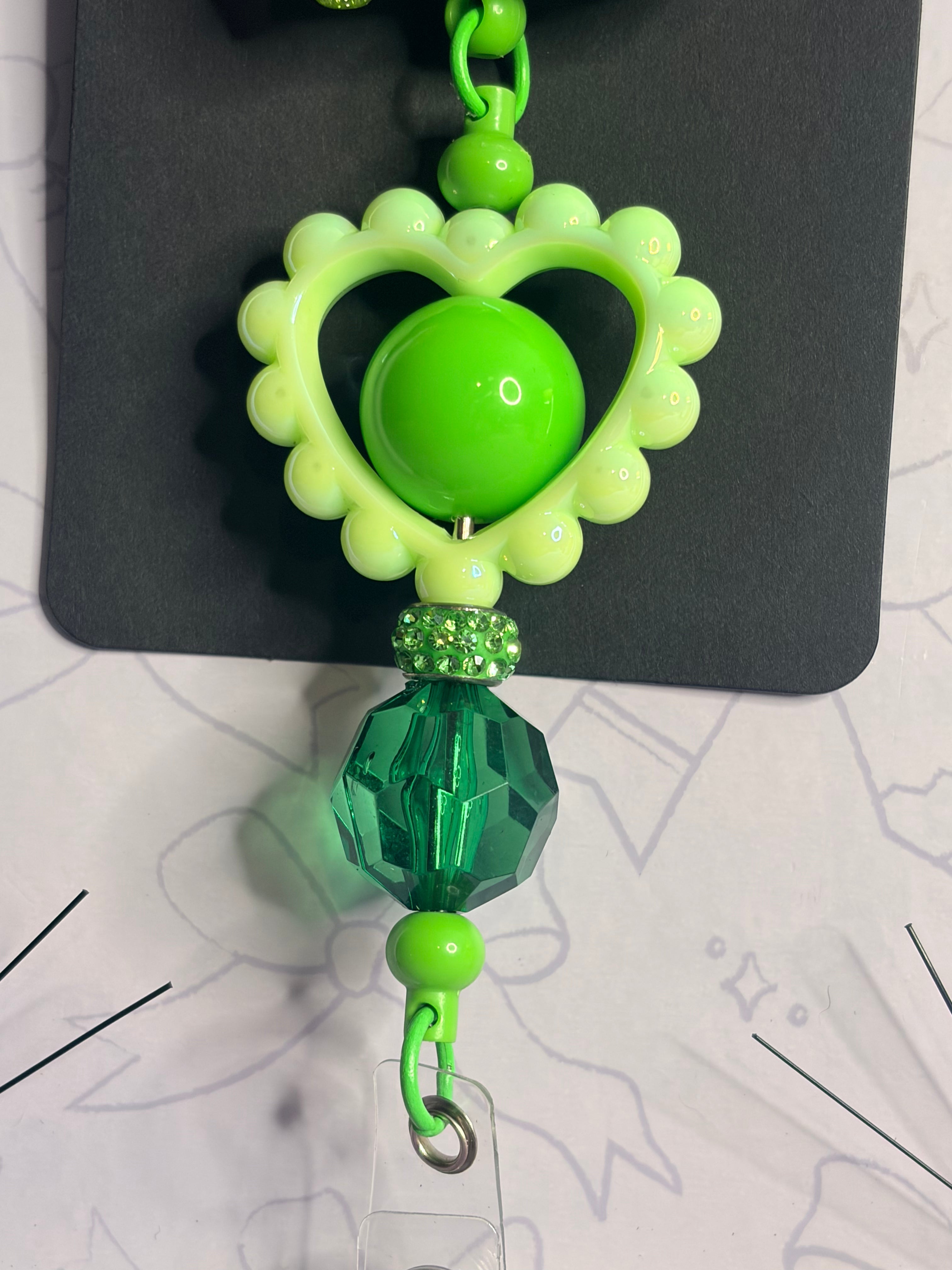 Puerto Rico Coqui Frog Badge Reel with Green Heart Beaded Charm Strand