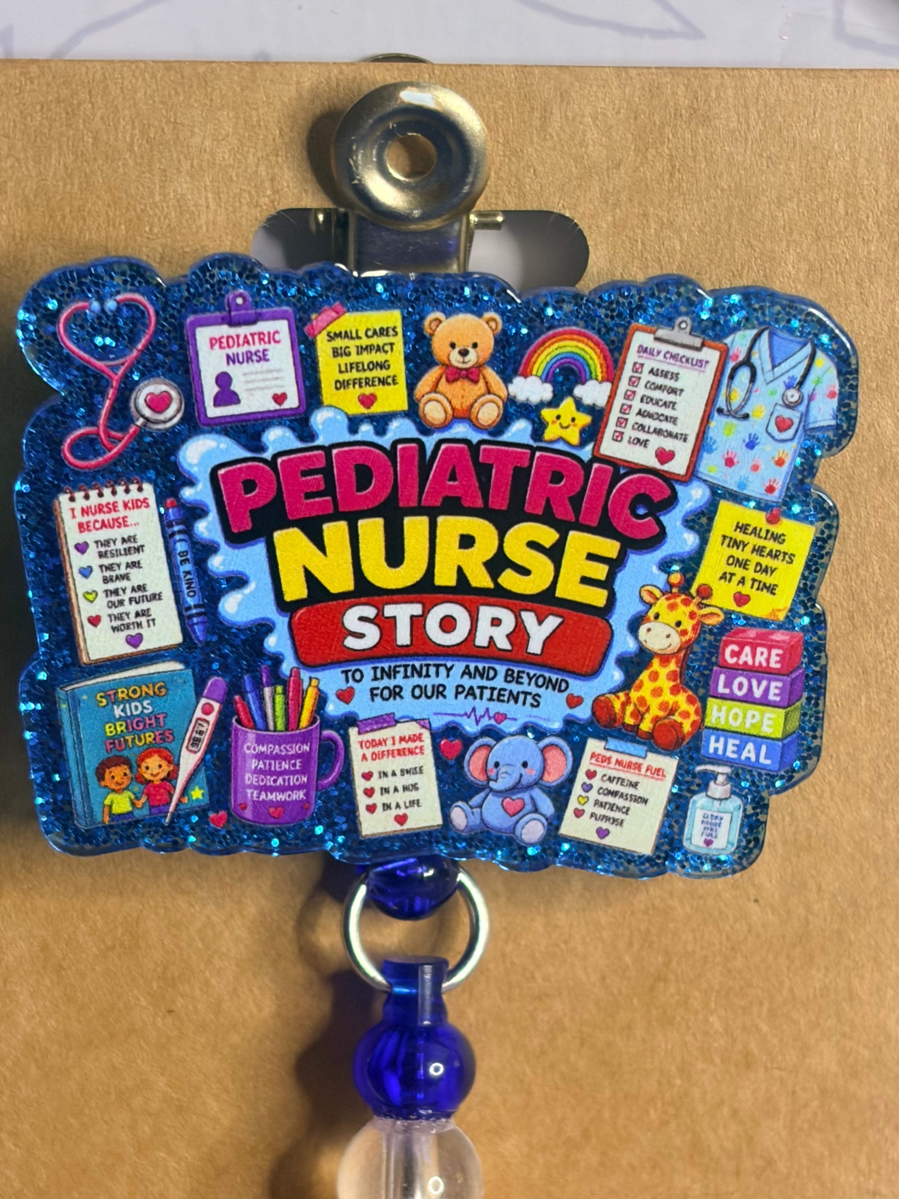 Pediatric Nurse Badge Reel – Beaded ID Holder with Heart Charm