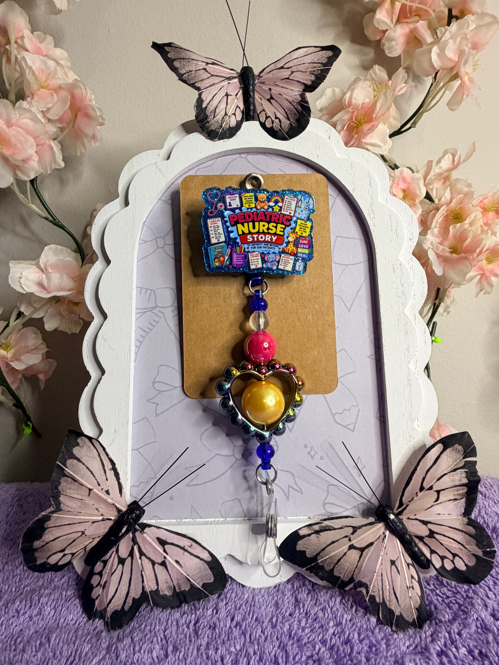 Pediatric Nurse Badge Reel – Beaded ID Holder with Heart Charm