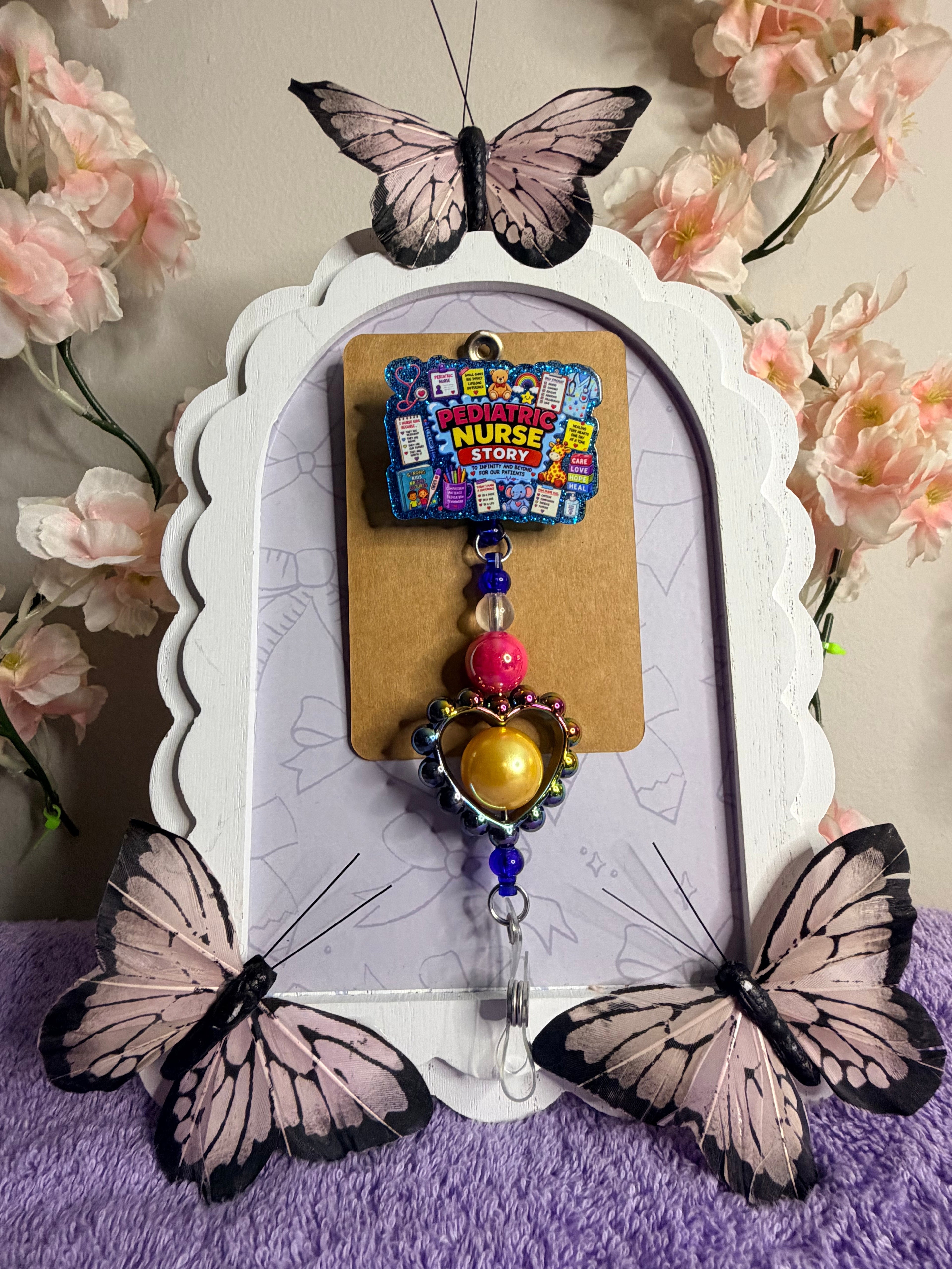 Pediatric Nurse Badge Reel – Beaded ID Holder with Heart Charm