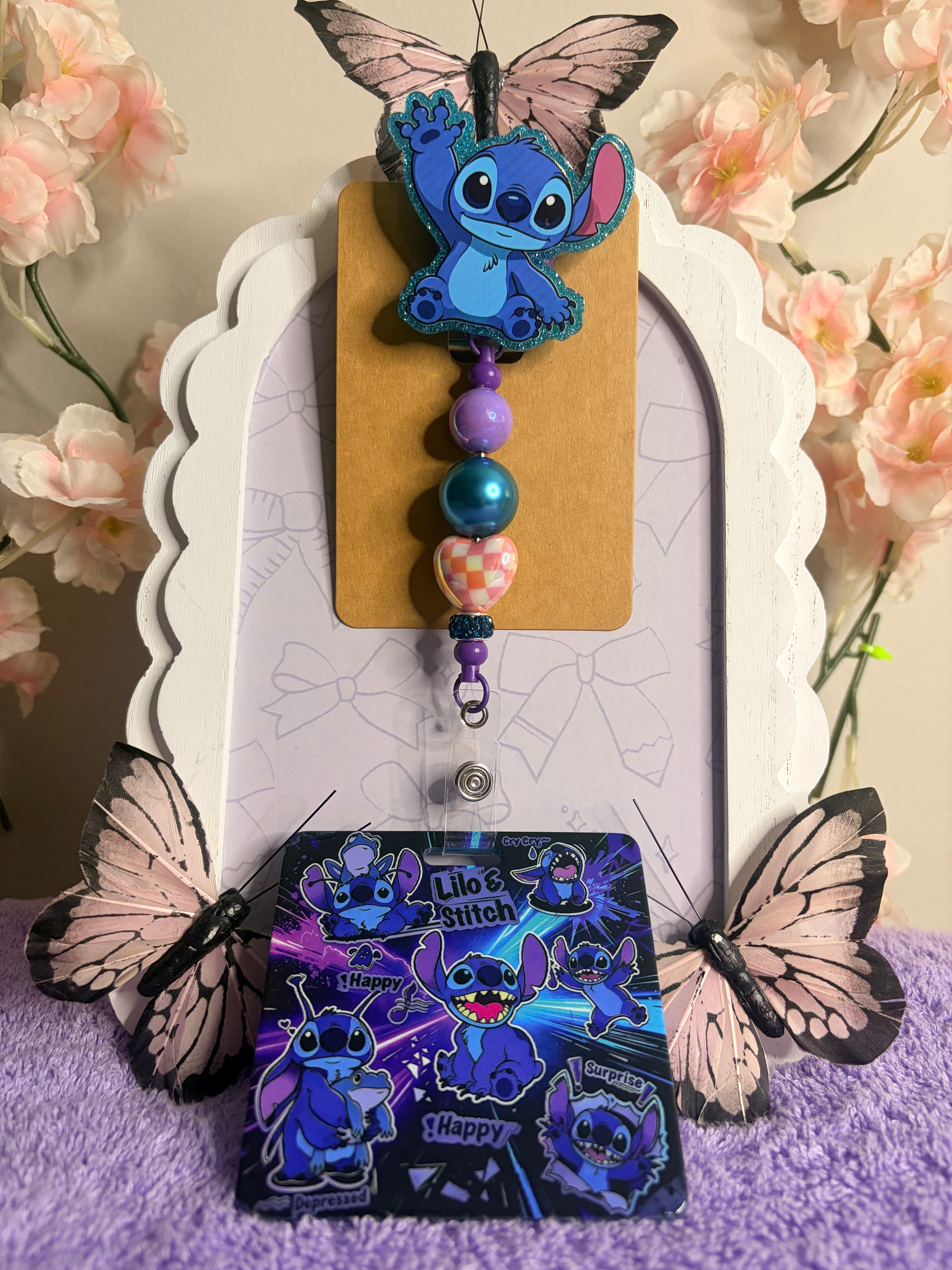 Stitch Beaded Badge Reel Set – Lilo & Stitch Retractable ID Holder with Card Sleeve