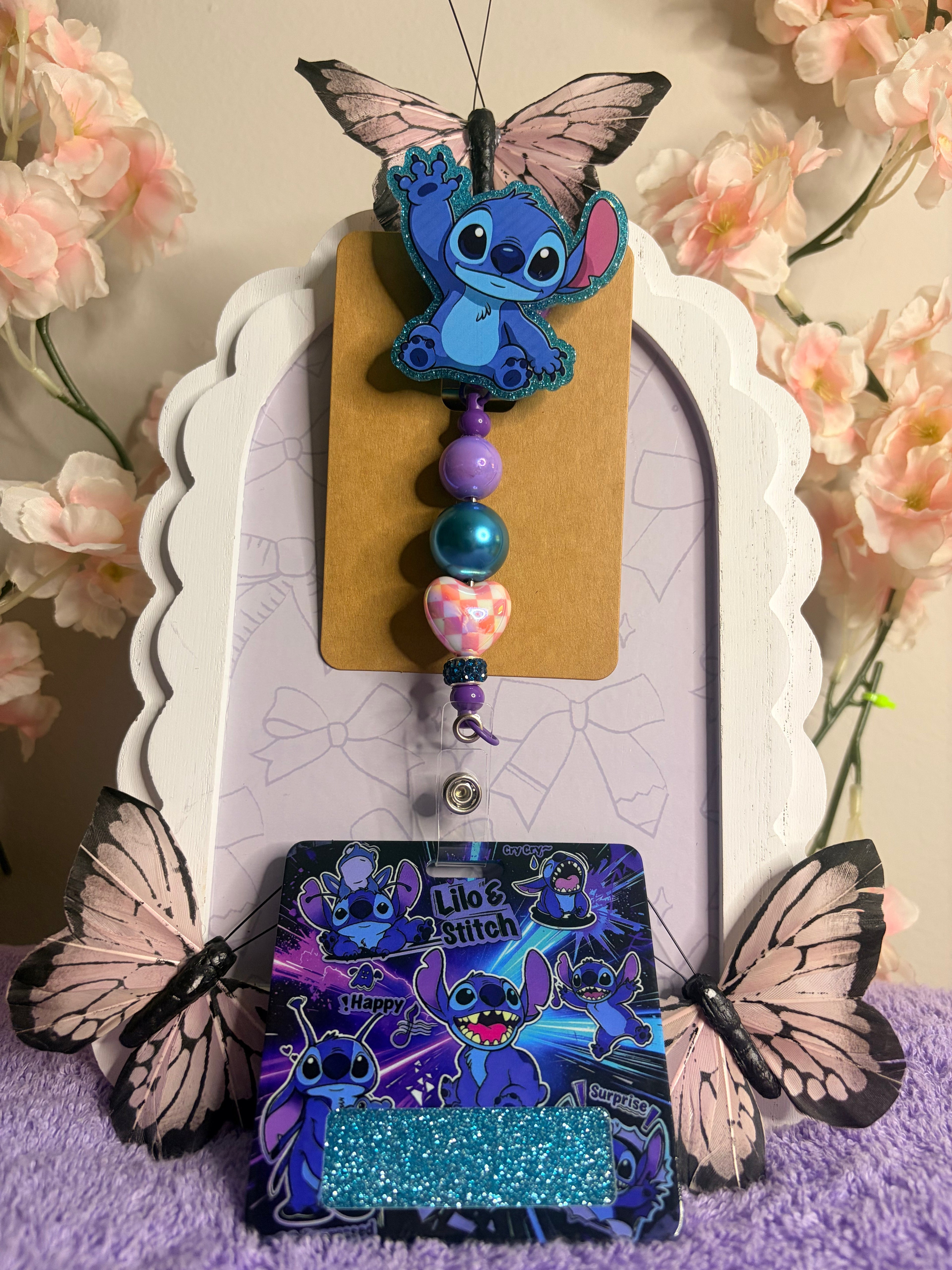 Stitch Beaded Badge Reel Set – Lilo & Stitch Retractable ID Holder with Card Sleeve