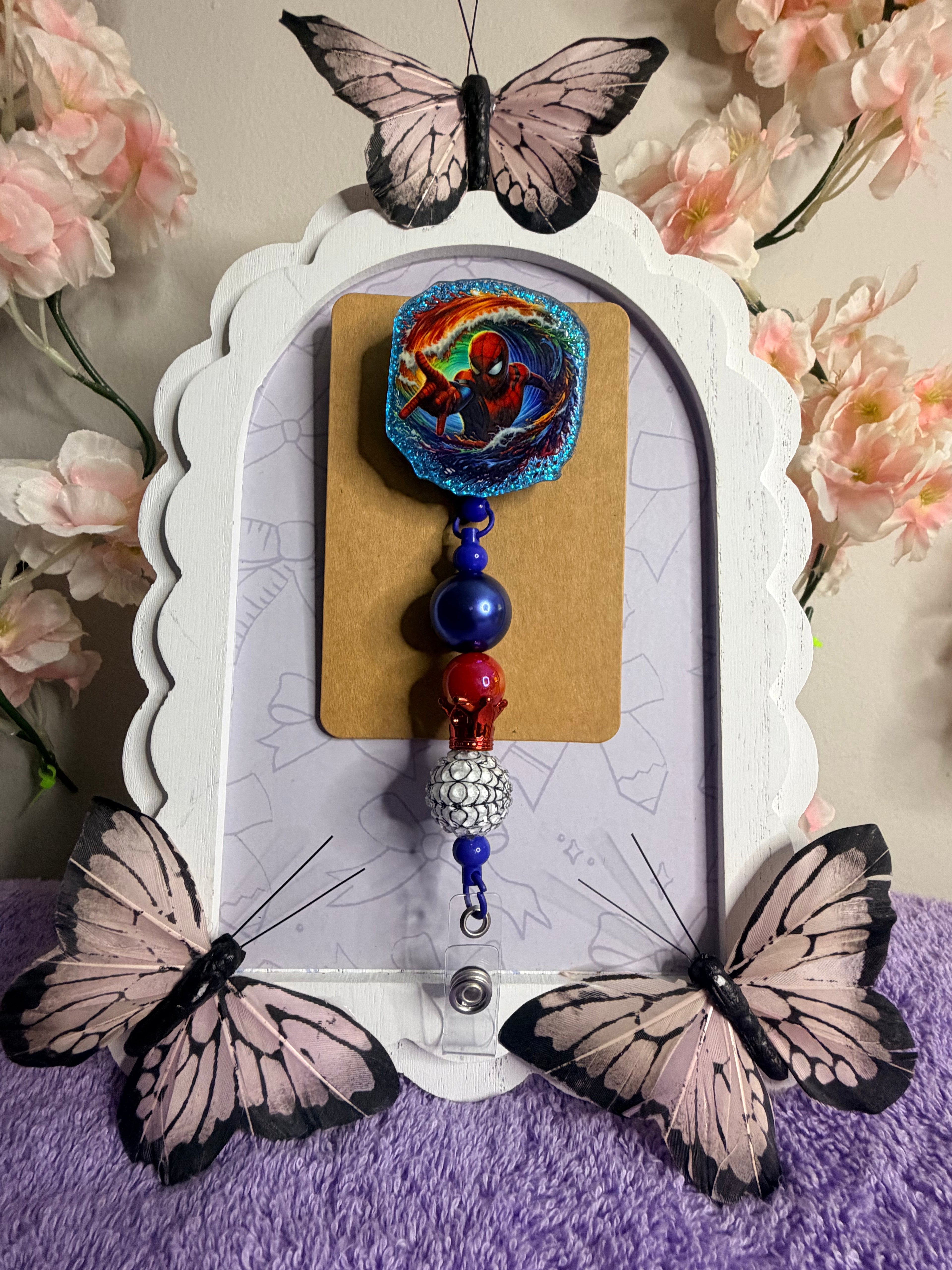 Spider-Man Glitter Beaded Badge Reel – Marvel Retractable ID Holder with Spider-Web Beads