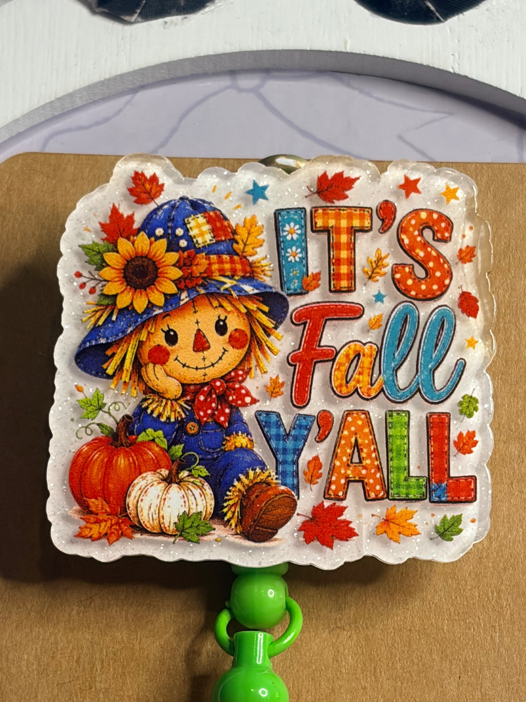 It's Fall Y'all Scarecrow Beaded Badge Reel – Autumn Retractable ID Holder with Pumpkin & Butterfly Beads