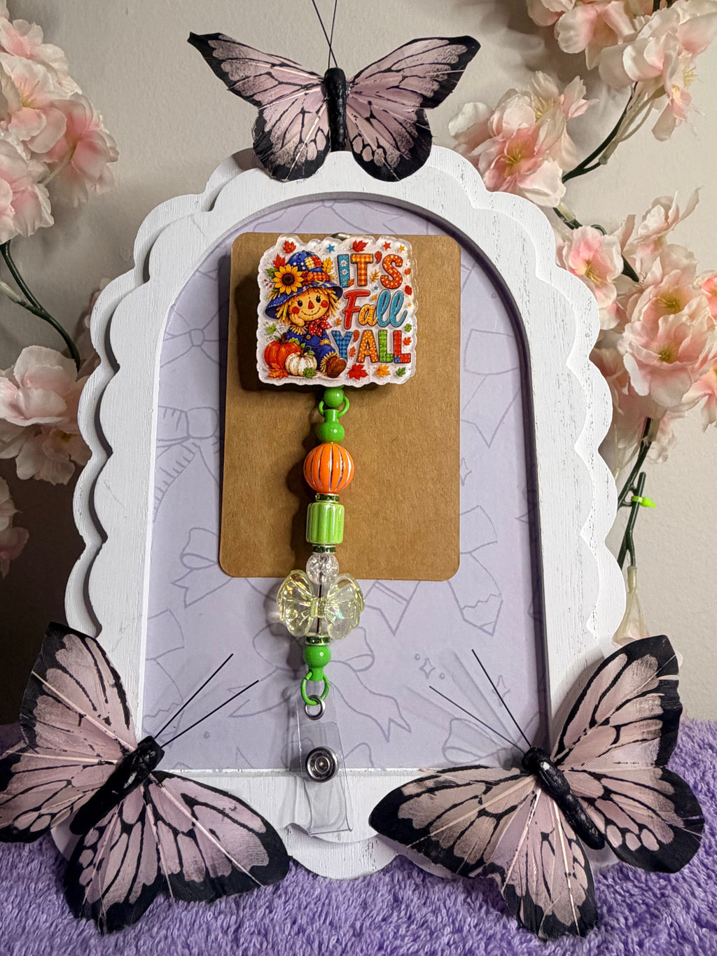 It's Fall Y'all Scarecrow Beaded Badge Reel – Autumn Retractable ID Holder with Pumpkin & Butterfly Beads