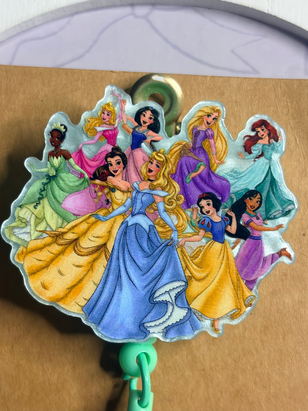 Disney Princess Beaded Badge Reel – All Princesses Retractable ID Holder with Purple Rose & Hot Pink Heart Beads