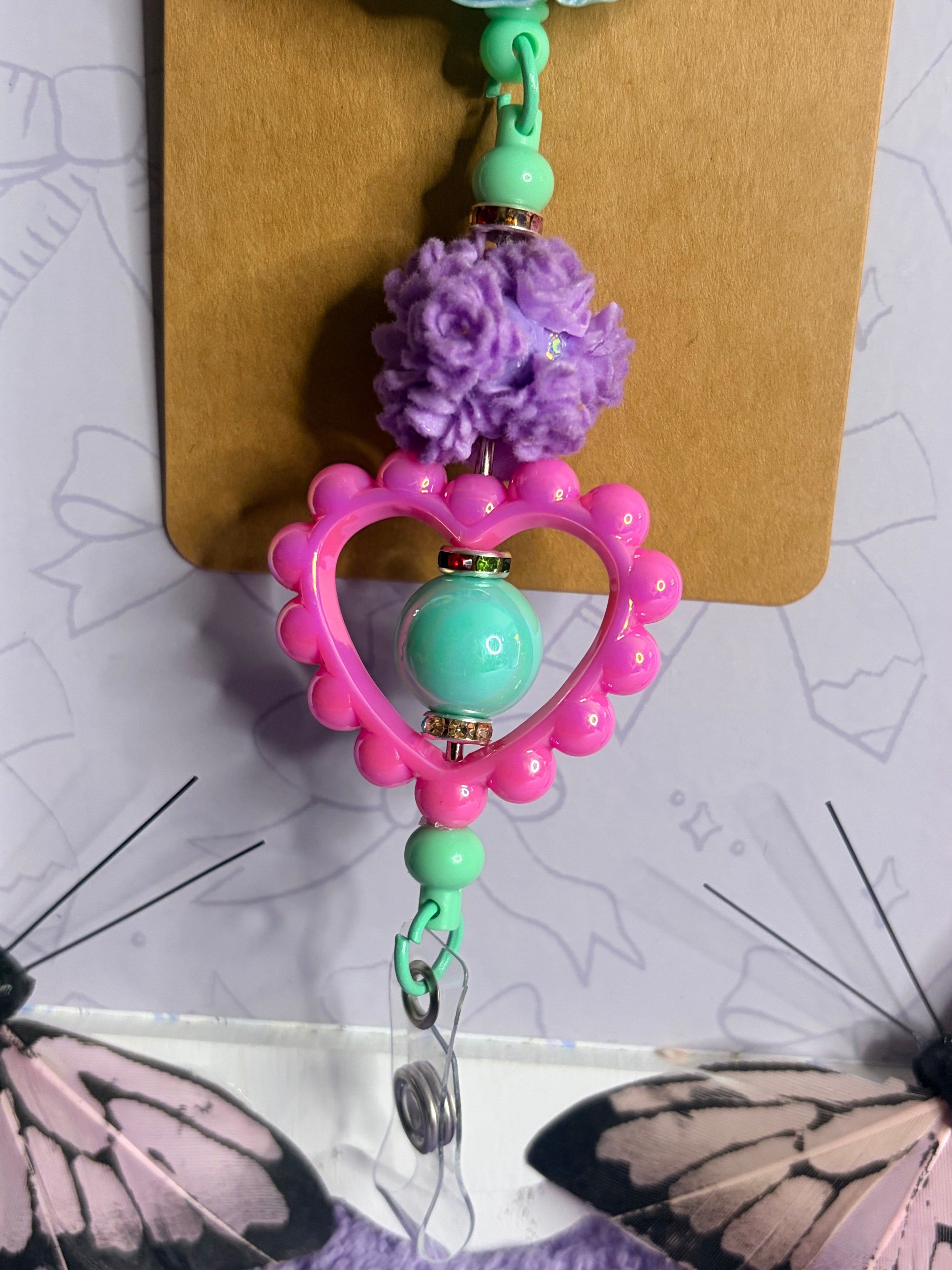 Disney Princess Beaded Badge Reel – All Princesses Retractable ID Holder with Purple Rose & Hot Pink Heart Beads