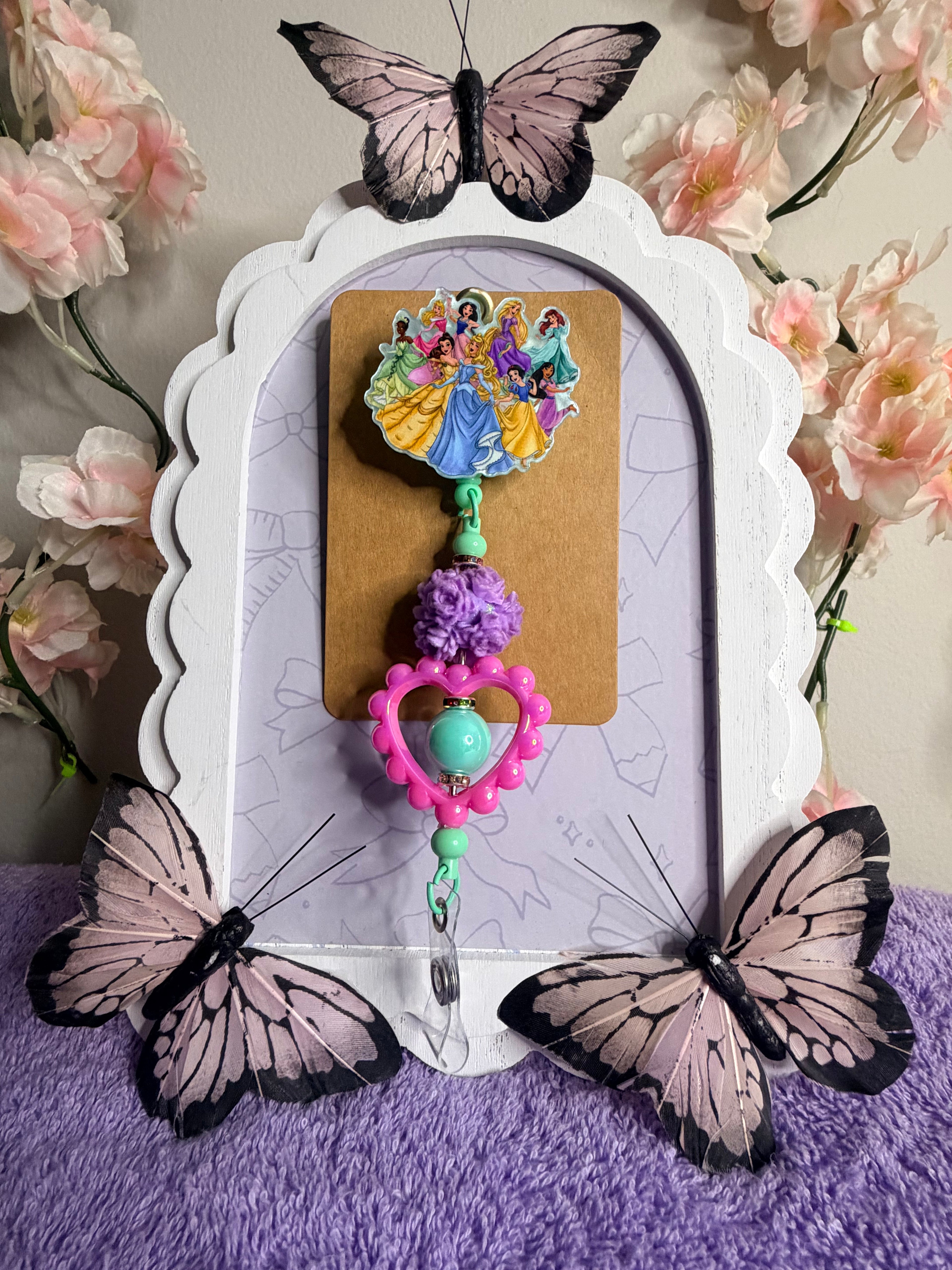 Disney Princess Beaded Badge Reel – All Princesses Retractable ID Holder with Purple Rose & Hot Pink Heart Beads