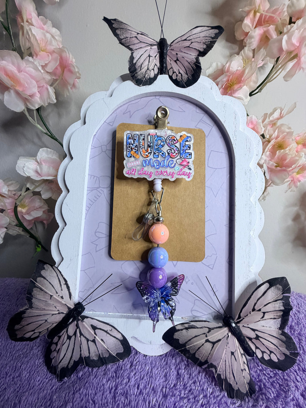 Nurse Mode All Day Every Day Beaded Badge Reel – Leopard Print Retractable ID Holder with Butterfly Charm & Pastel Beads