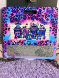 Stitch Coffee Cups Badge Reel & Card Sleeve Set – Teal Glitter Heart Retractable ID Holder with Leopard Print Card Holder