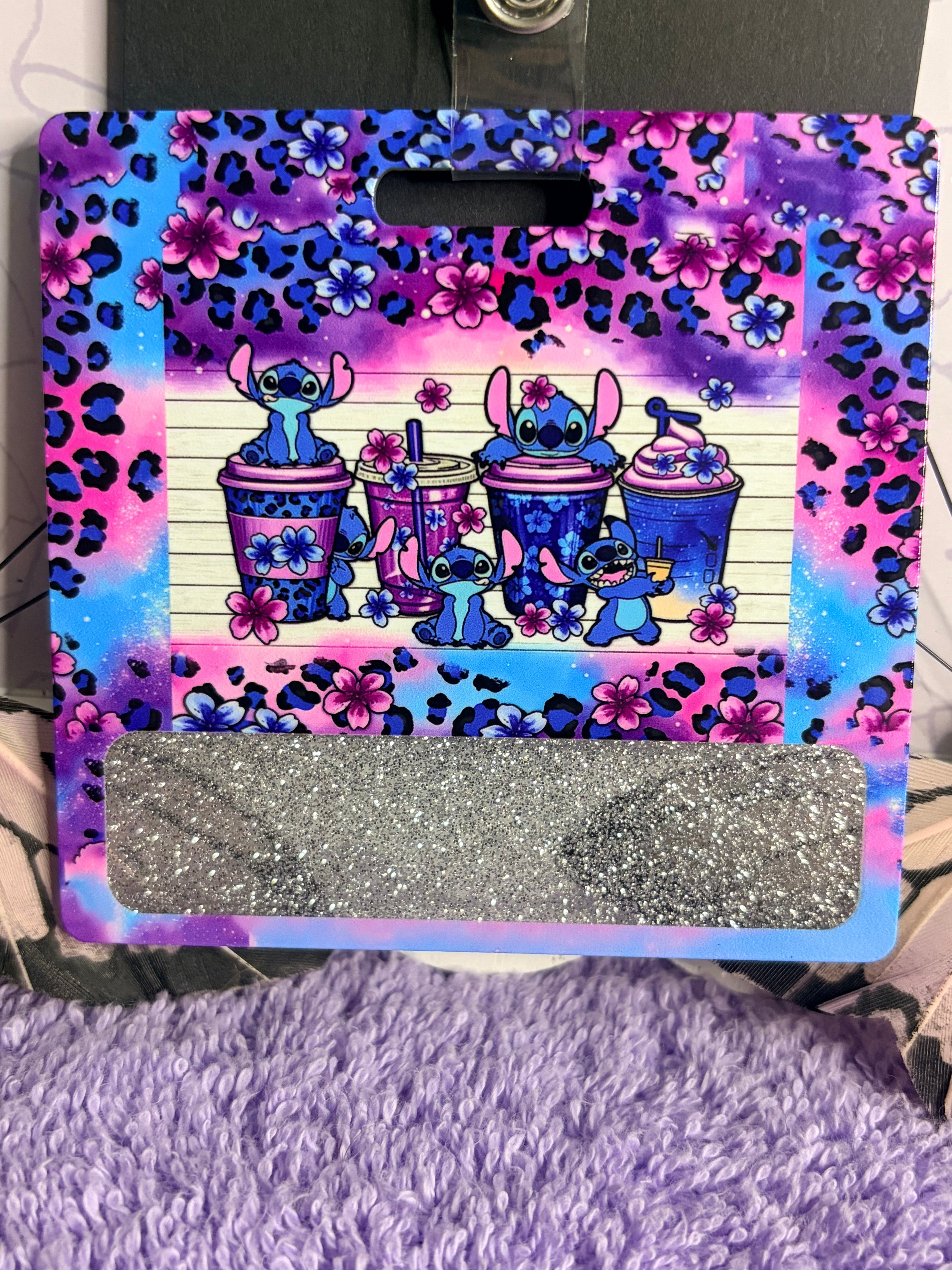 Stitch Coffee Cups Badge Reel & Card Sleeve Set – Teal Glitter Heart Retractable ID Holder with Leopard Print Card Holder
