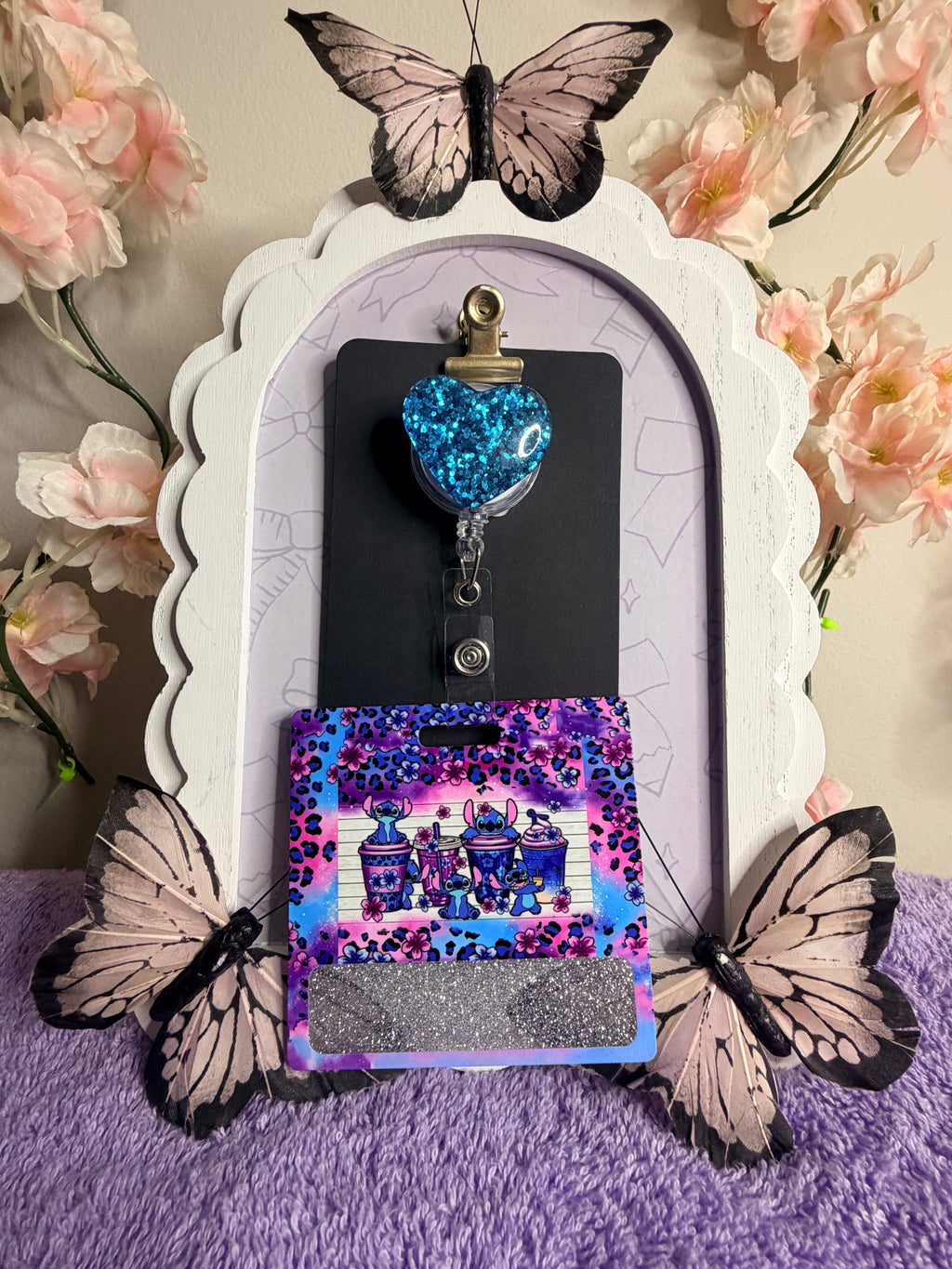 Stitch Coffee Cups Badge Reel & Card Sleeve Set – Teal Glitter Heart Retractable ID Holder with Leopard Print Card Holder