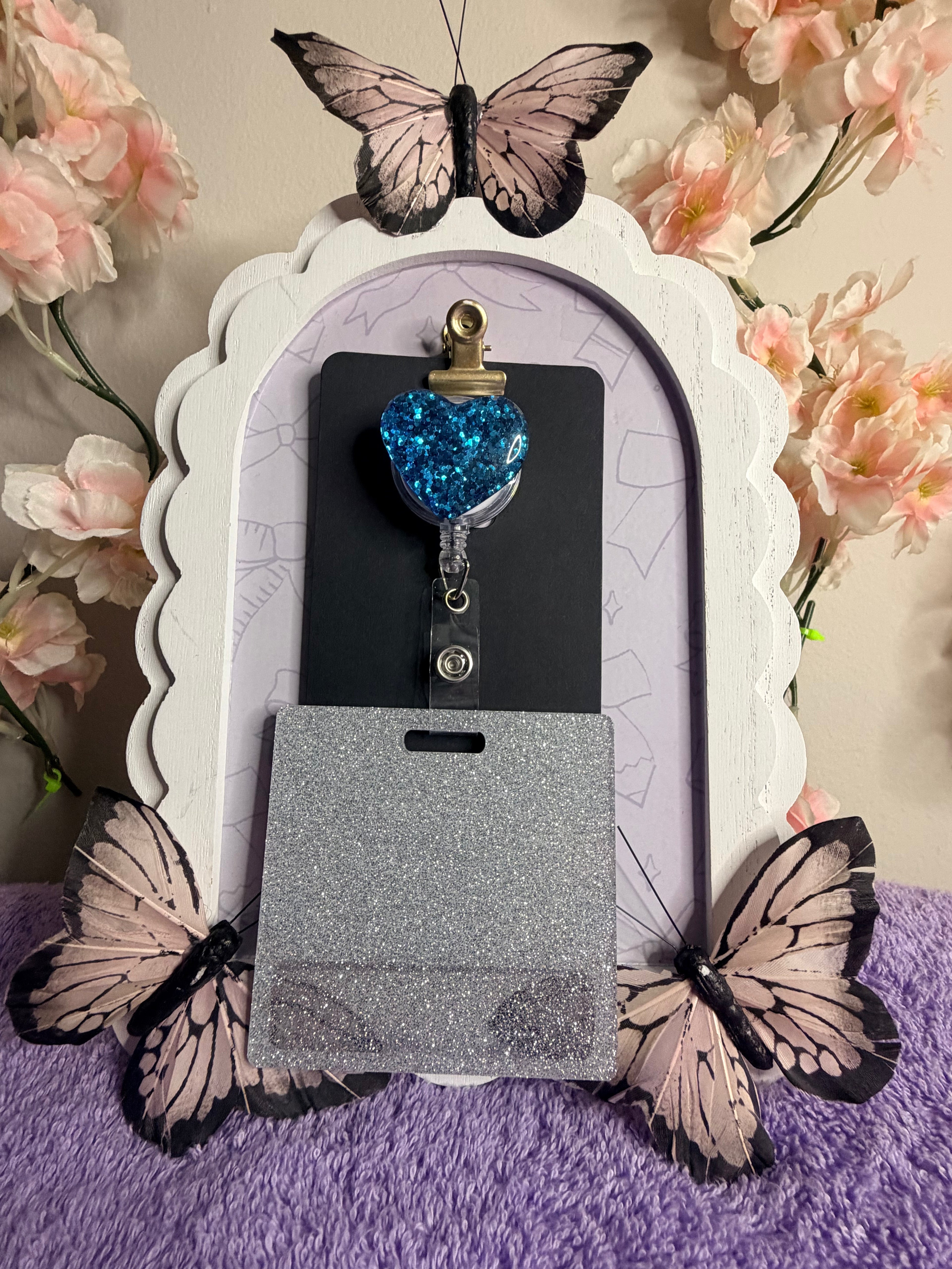 Stitch Coffee Cups Badge Reel & Card Sleeve Set – Teal Glitter Heart Retractable ID Holder with Leopard Print Card Holder