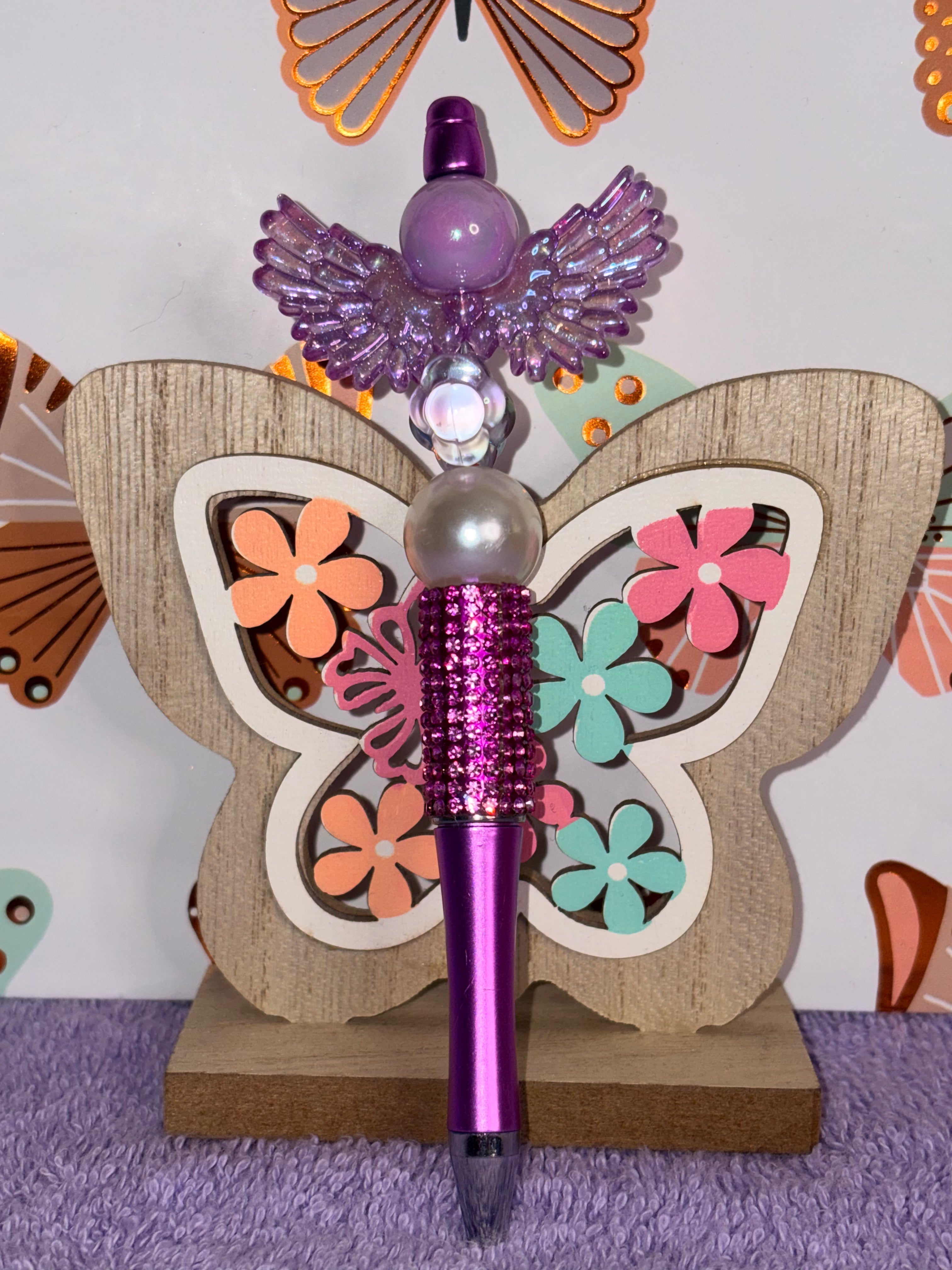 Purple Angel Wings Rhinestone Beaded Pen
