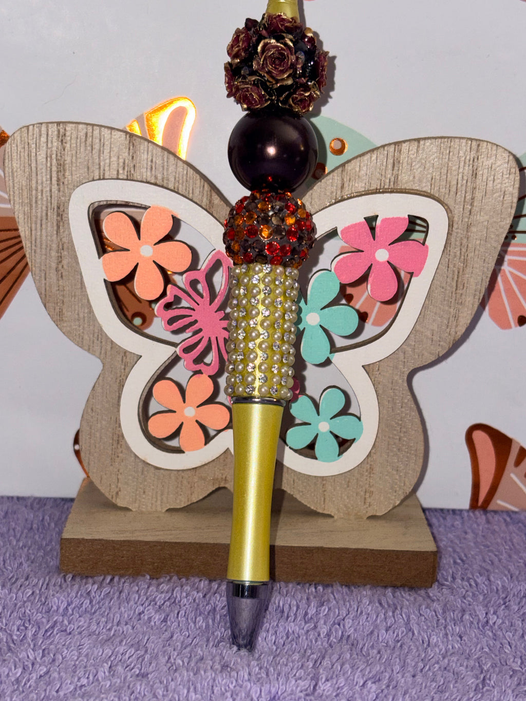 Burgundy Rose & Gold Rhinestone Beaded Pen