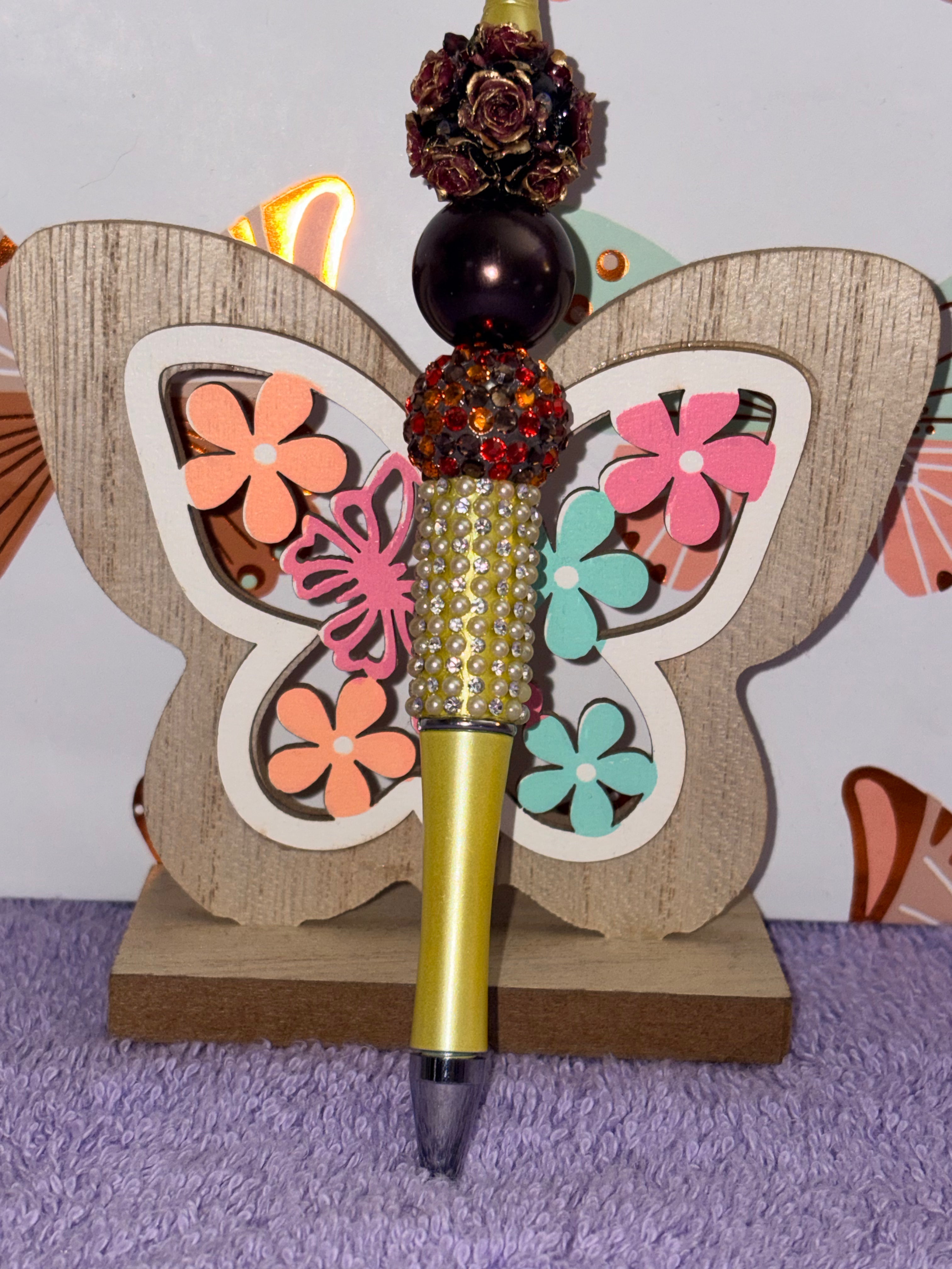 Burgundy Rose & Gold Rhinestone Beaded Pen