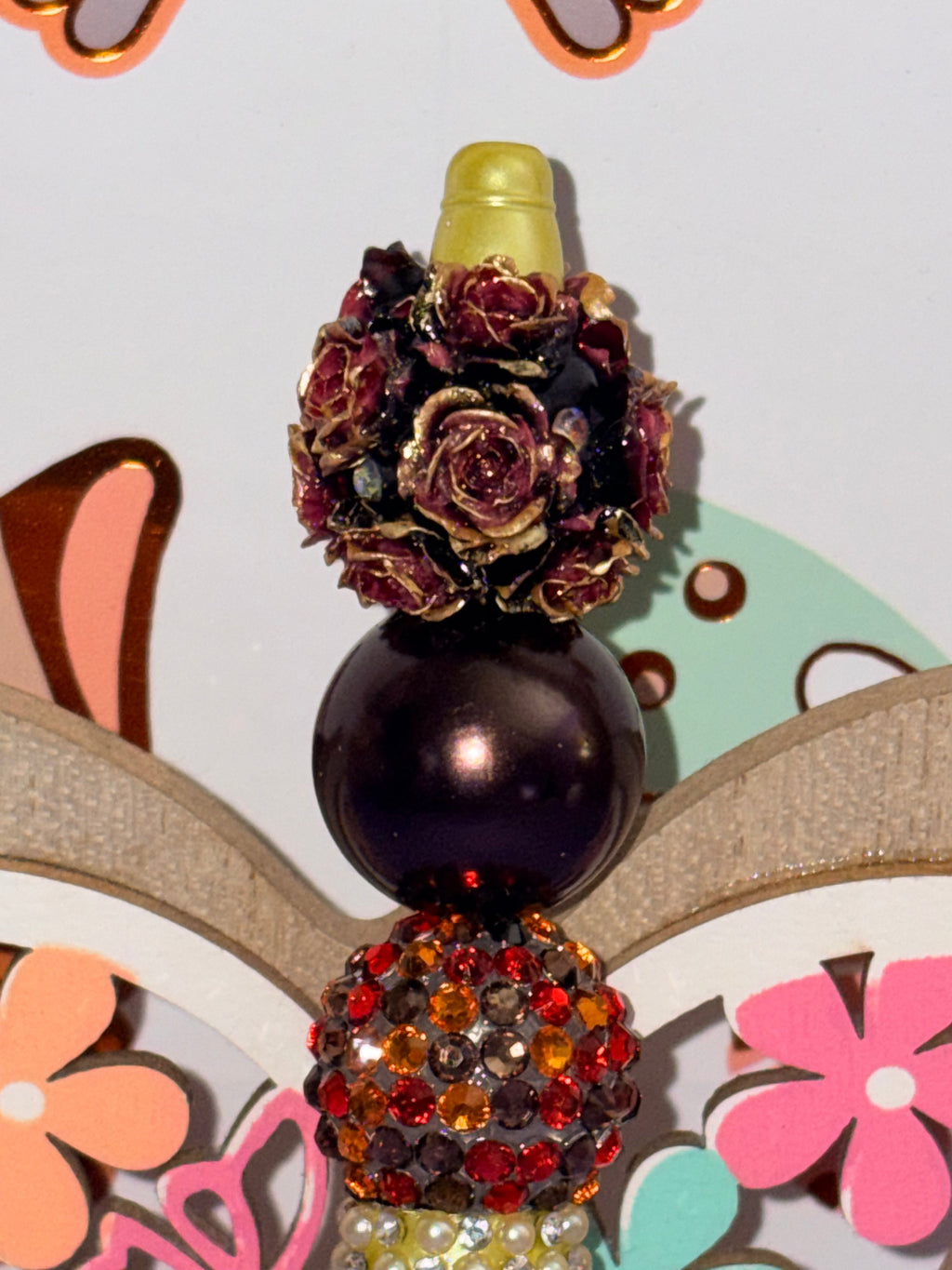 Burgundy Rose & Gold Rhinestone Beaded Pen