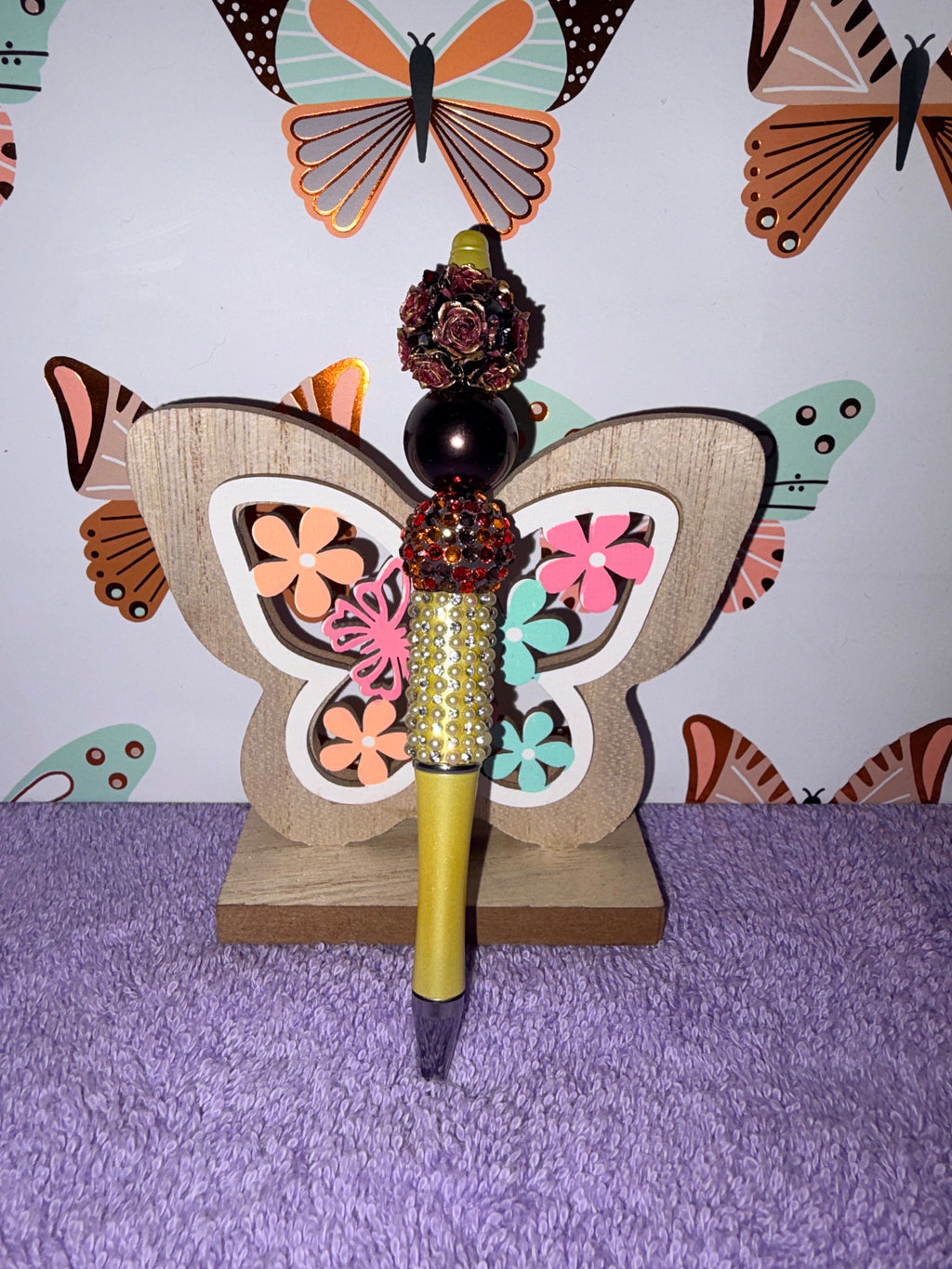 Burgundy Rose & Gold Rhinestone Beaded Pen