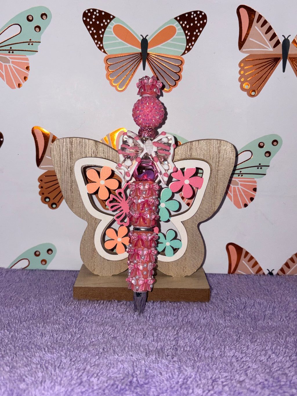 Pink Butterfly Flower Beaded Pen