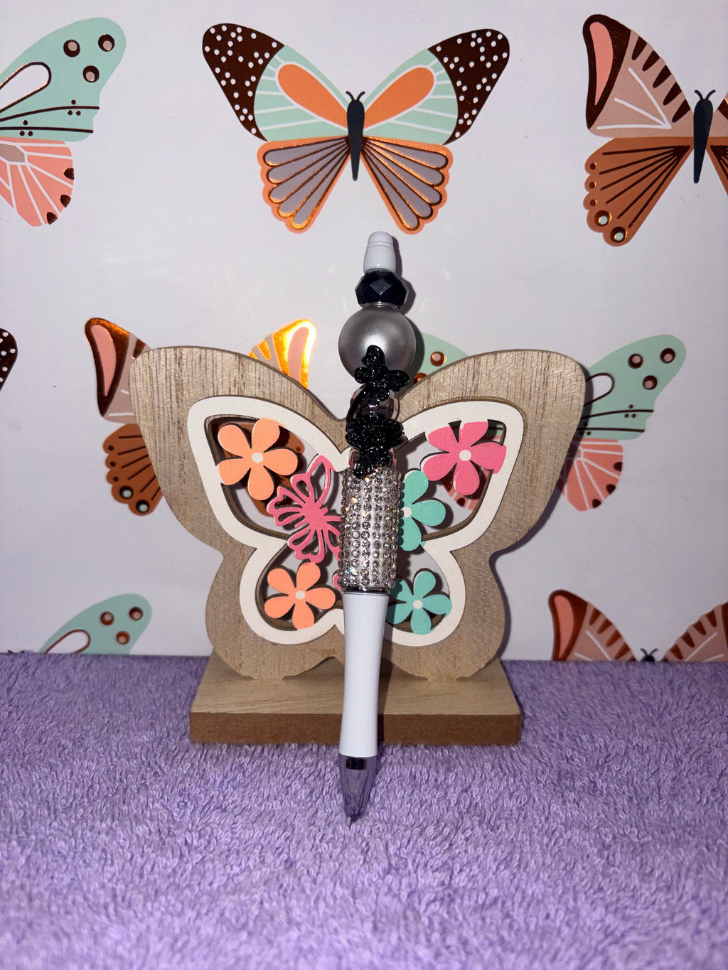 Black Butterfly & Silver Crystal Rhinestone Beaded Pen