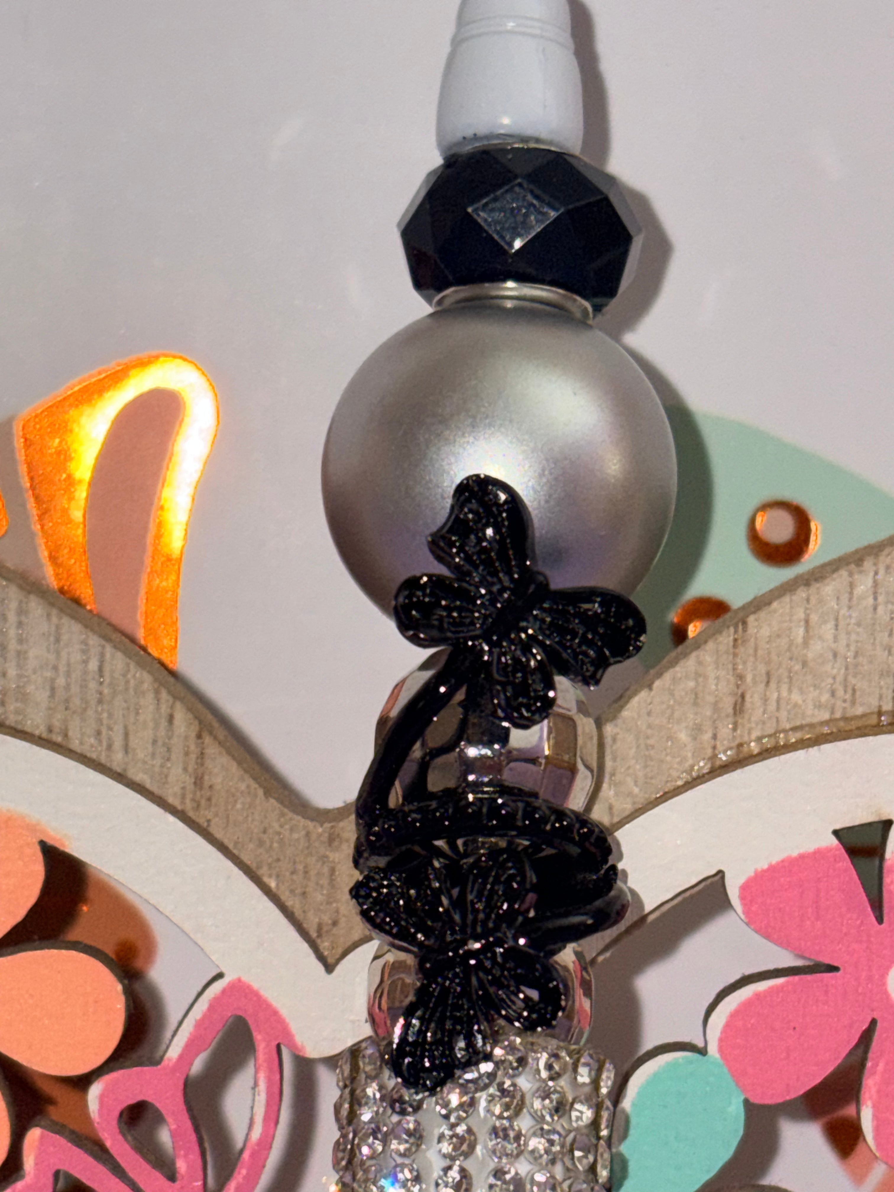 Black Butterfly & Silver Crystal Rhinestone Beaded Pen