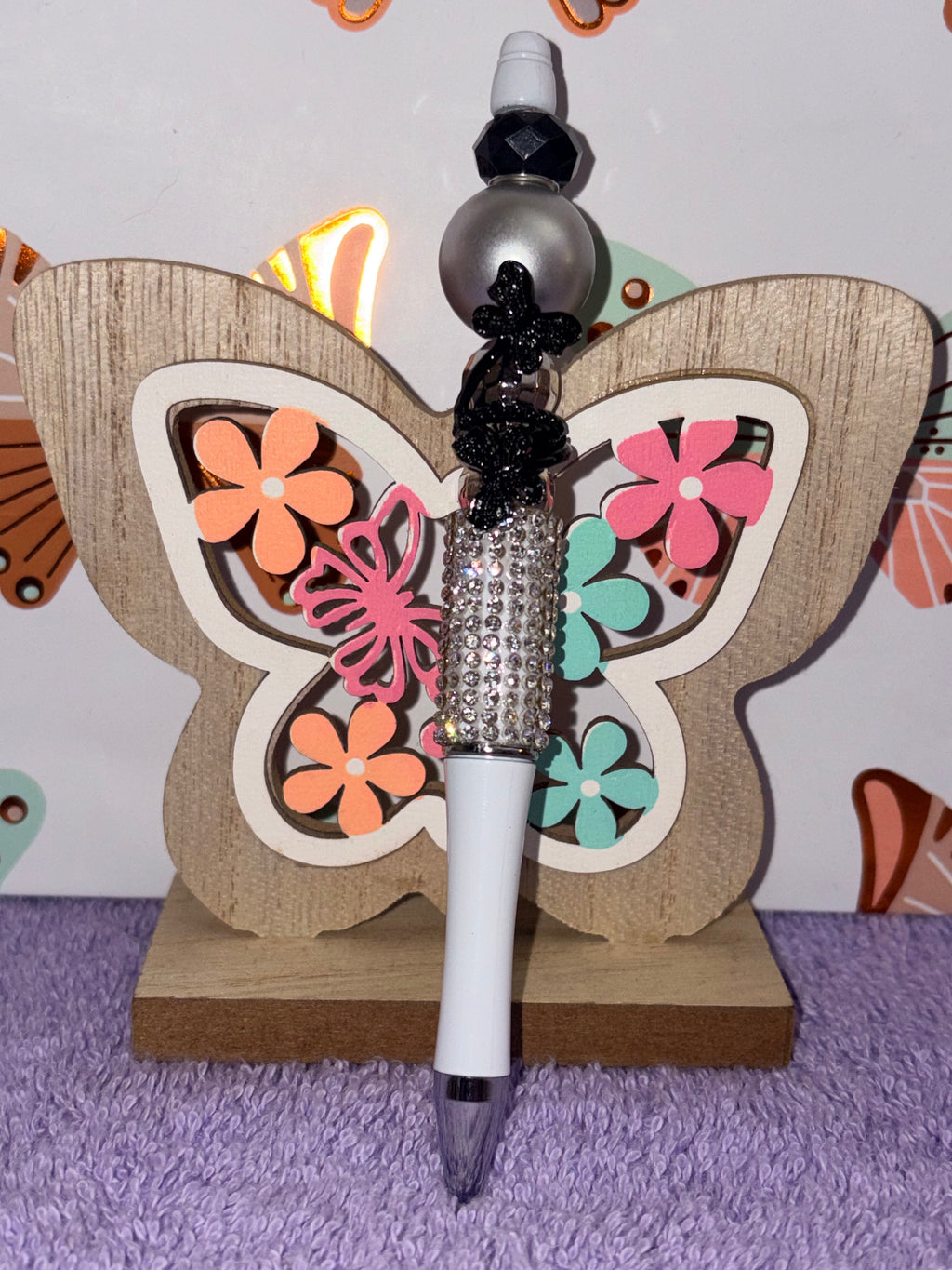 Black Butterfly & Silver Crystal Rhinestone Beaded Pen