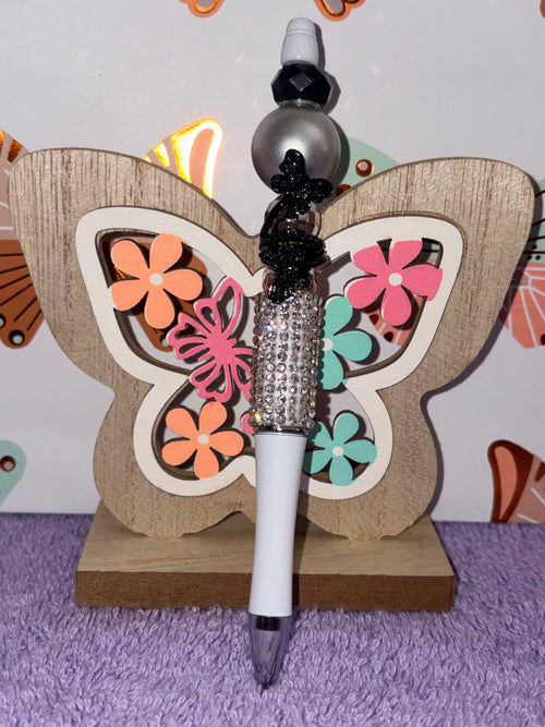 Black Butterfly & Silver Crystal Rhinestone Beaded Pen