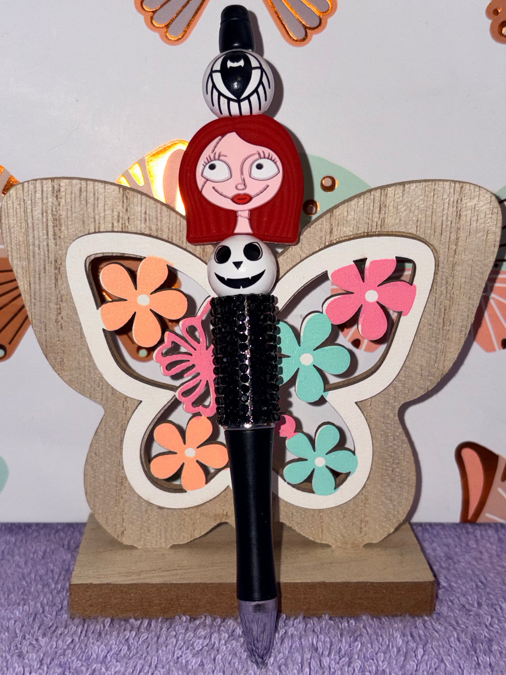 Jack & Sally Nightmare Before Christmas Black Rhinestone Beaded Pen