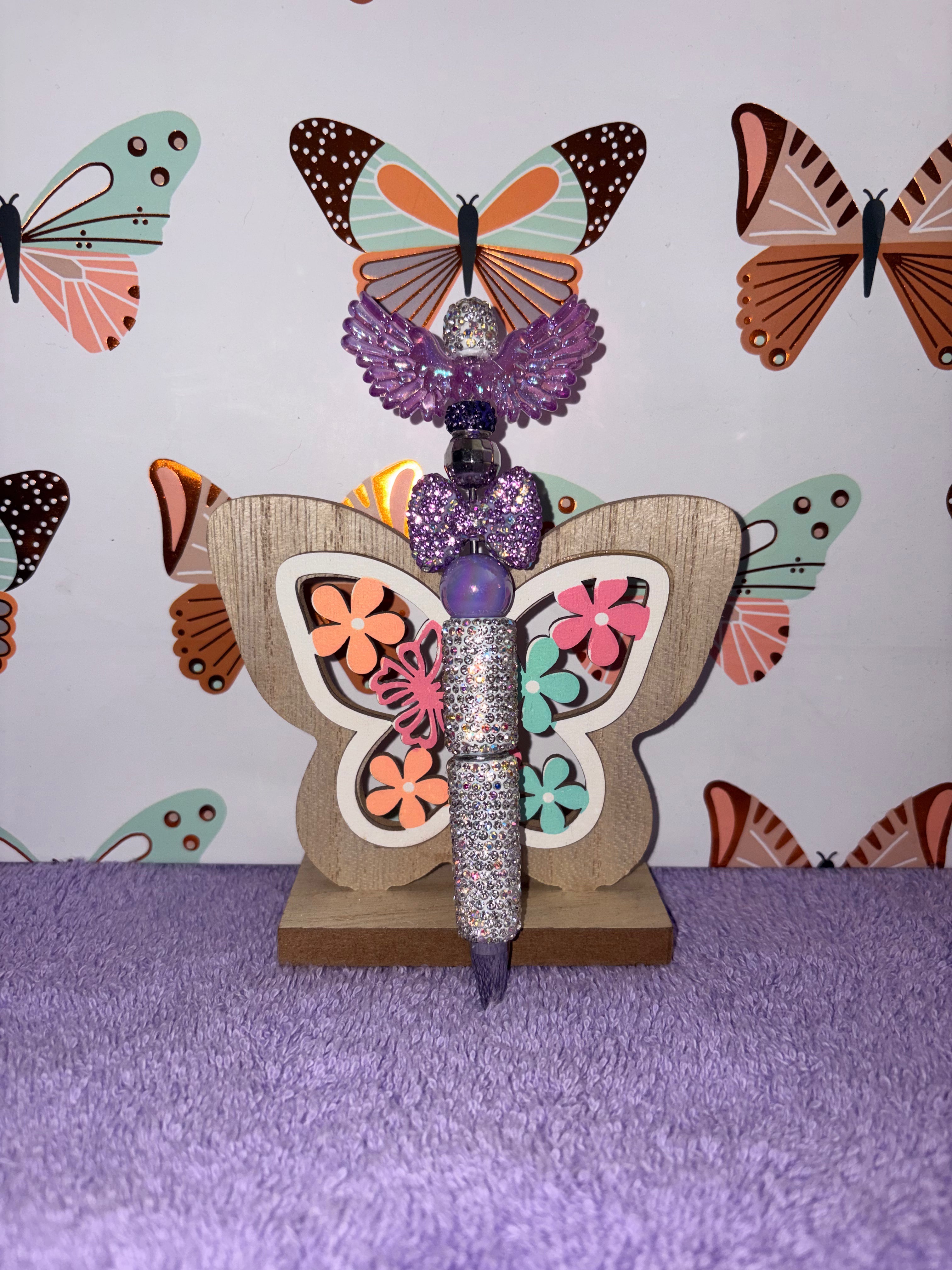 Purple Angel Wings Crystal Rhinestone Bow Beaded Pen