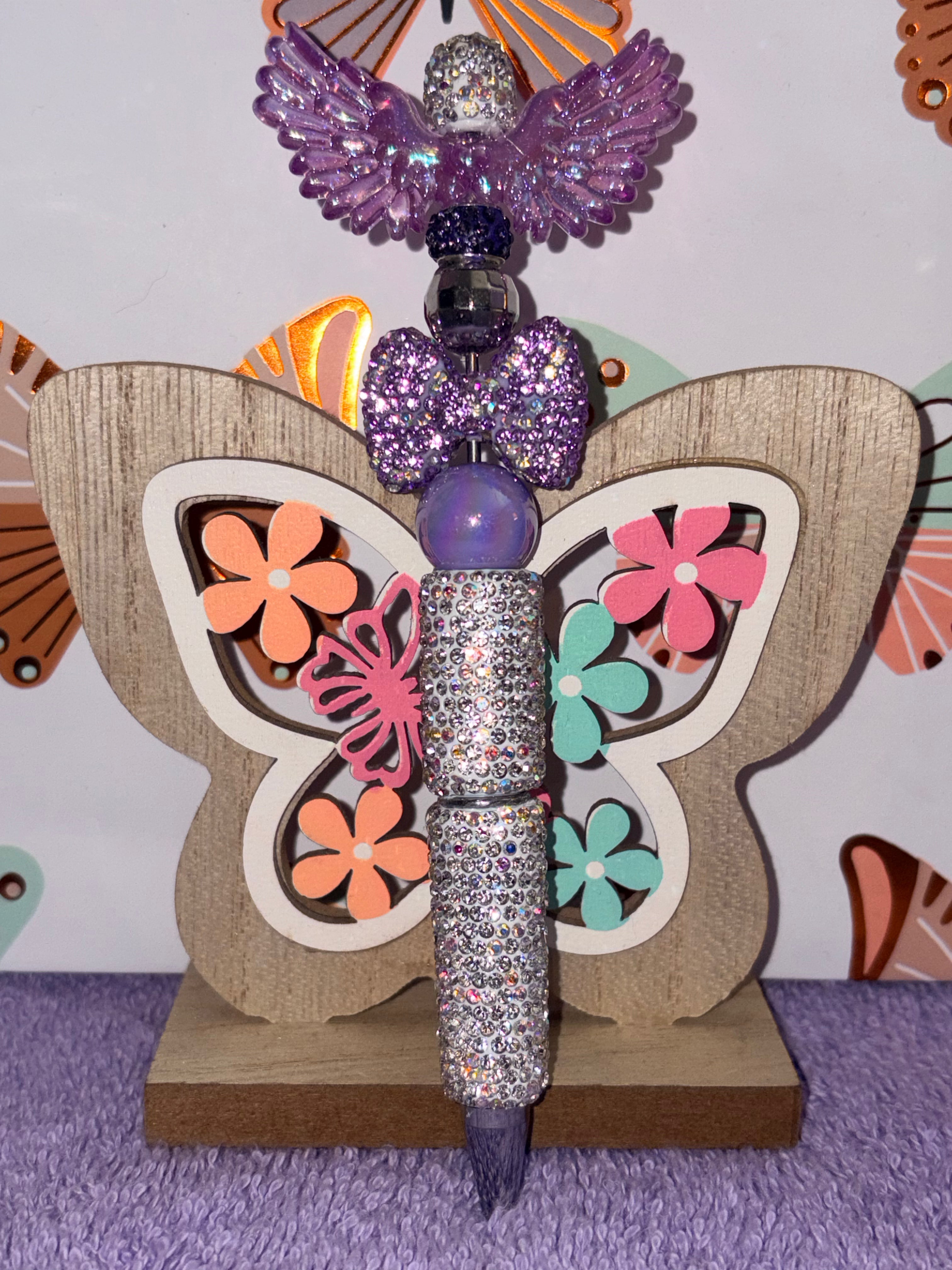 Purple Angel Wings Crystal Rhinestone Bow Beaded Pen