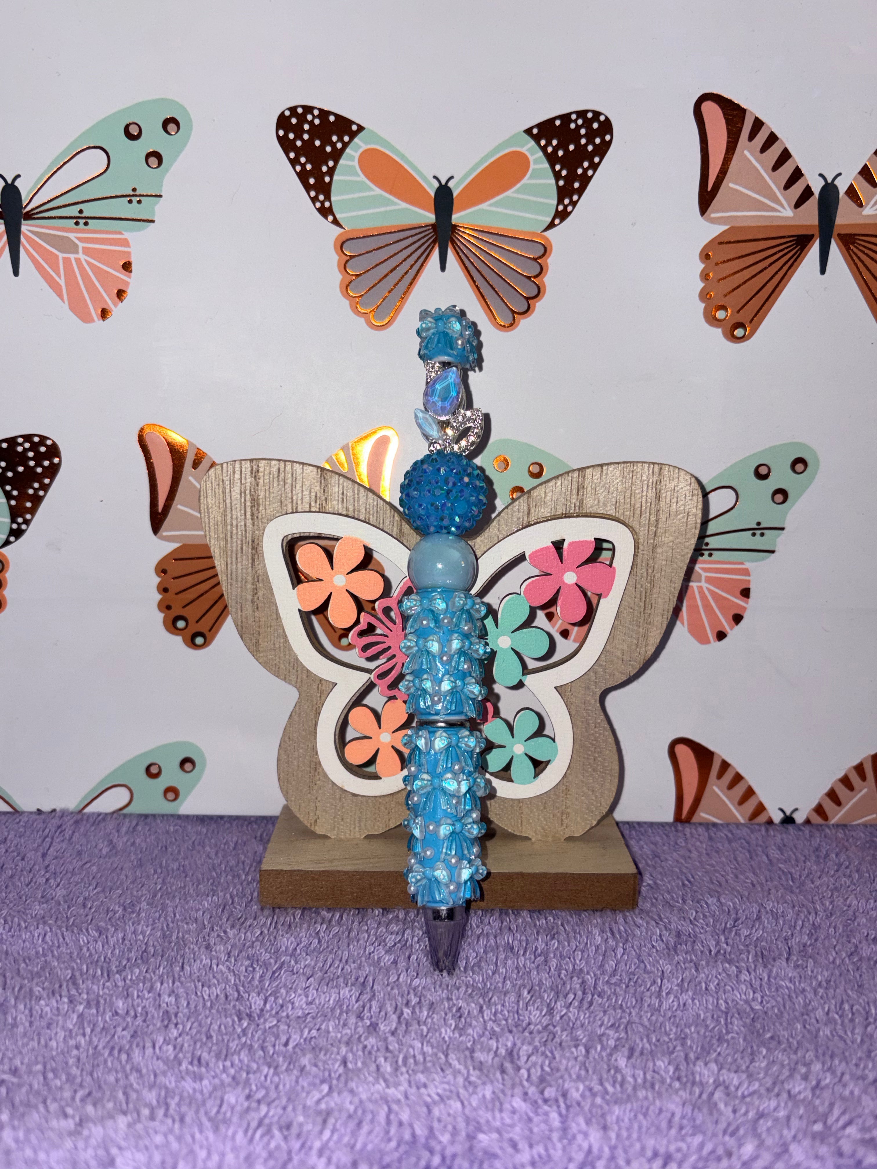 Ocean Blue 3D Flower Cluster Shamballa Beaded Pen