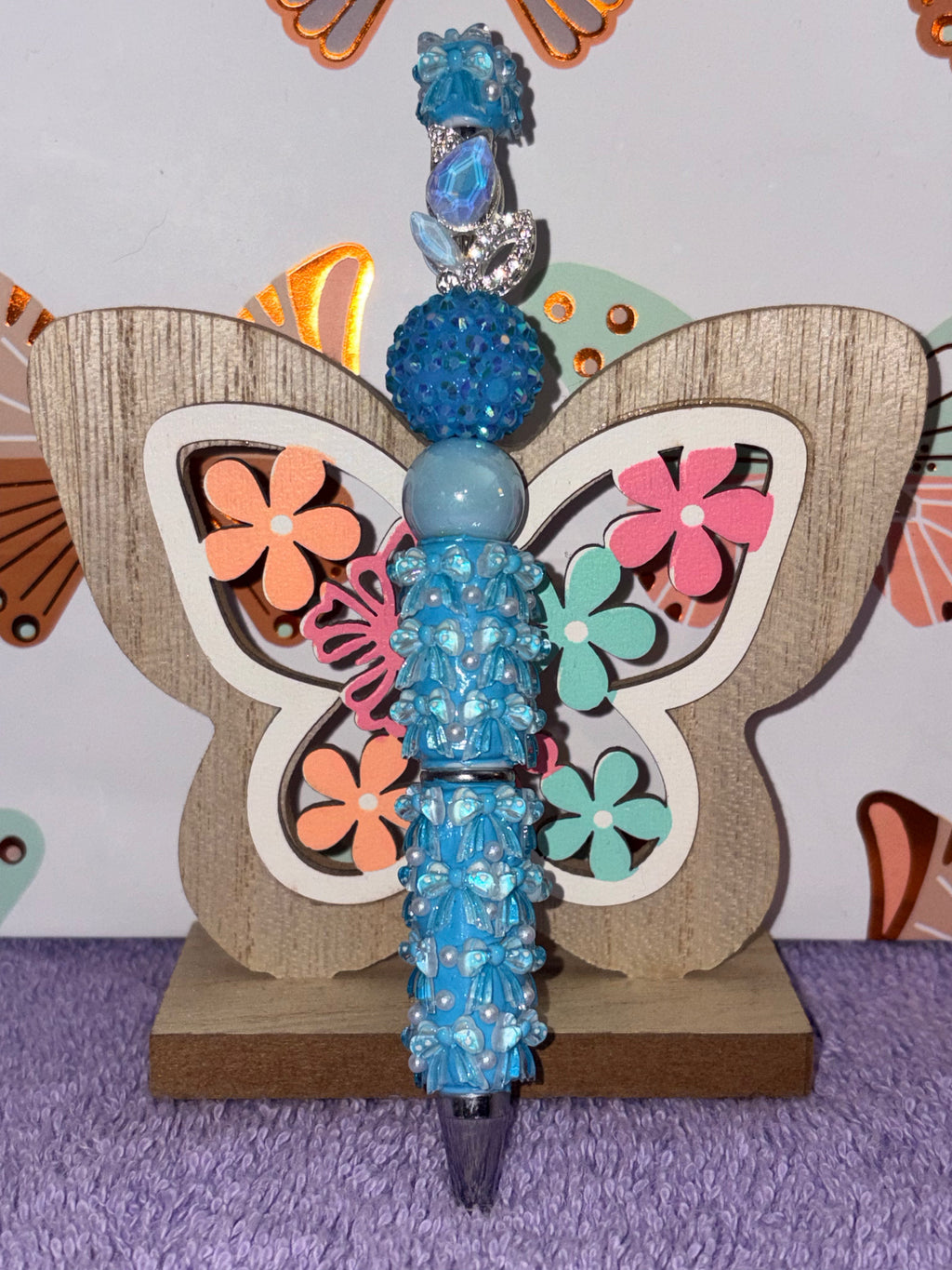 Ocean Blue 3D Flower Cluster Shamballa Beaded Pen