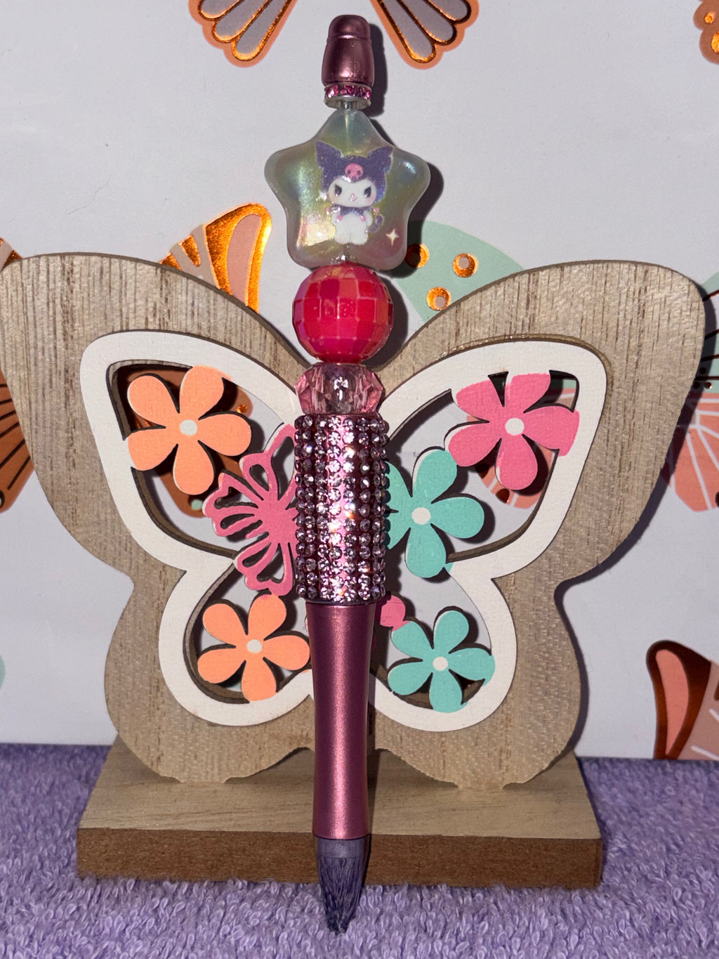 Purple Kuromi Beaded Butterfly Pen