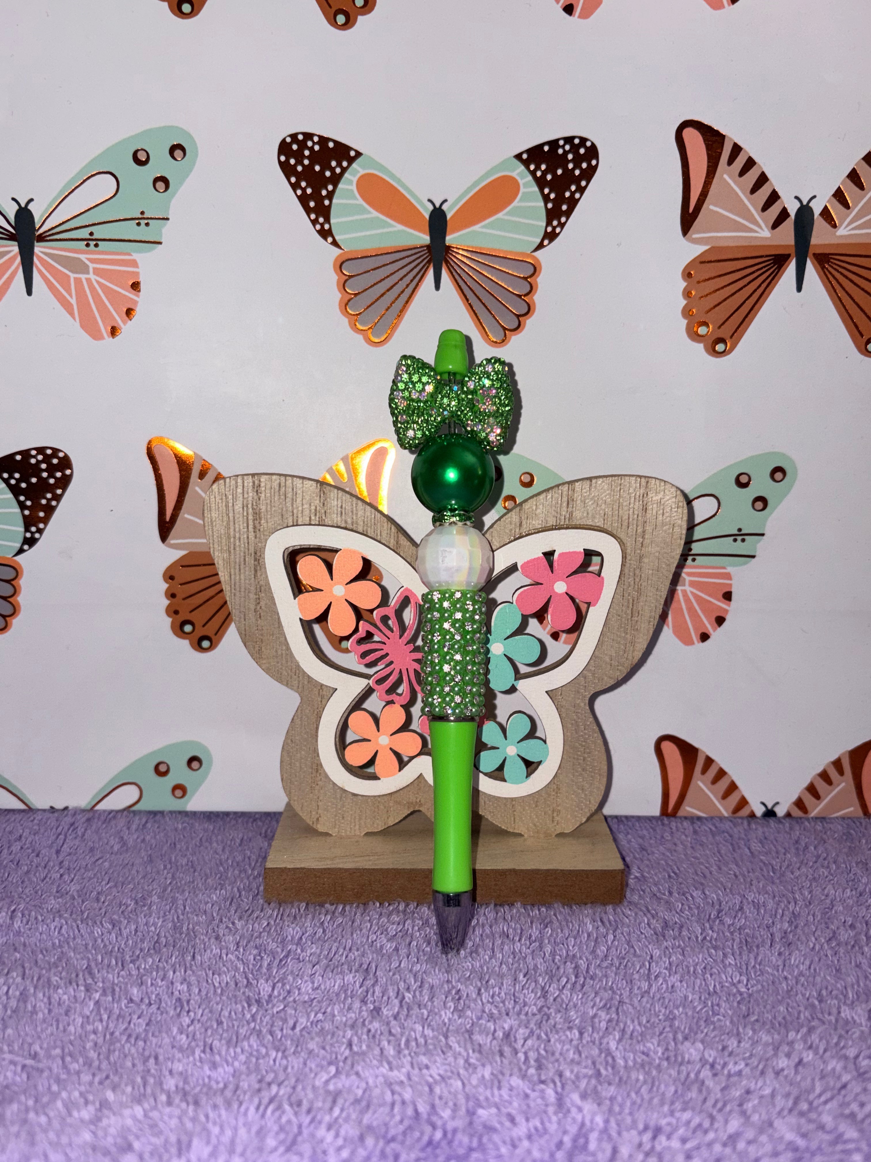 Green Bow Rhinestone Beaded Pen